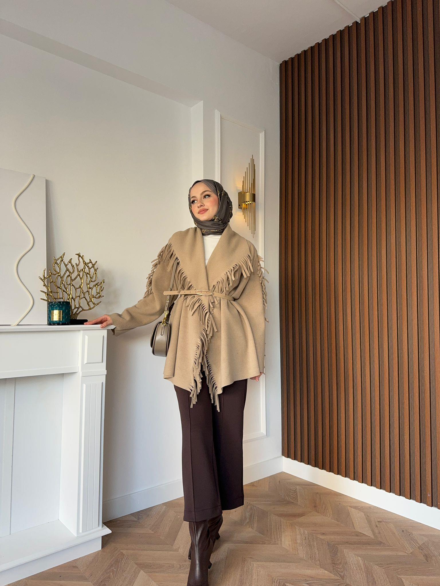 MEYSADESIGN CEKET Saçaklı Kovboy Kaşe Ceket Açık Kahve
