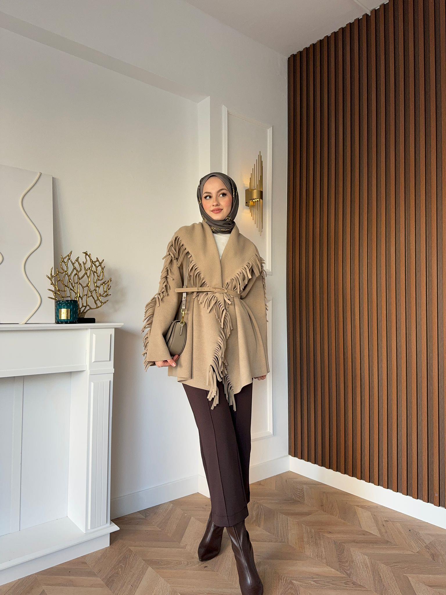 MEYSADESIGN CEKET Saçaklı Kovboy Kaşe Ceket Açık Kahve