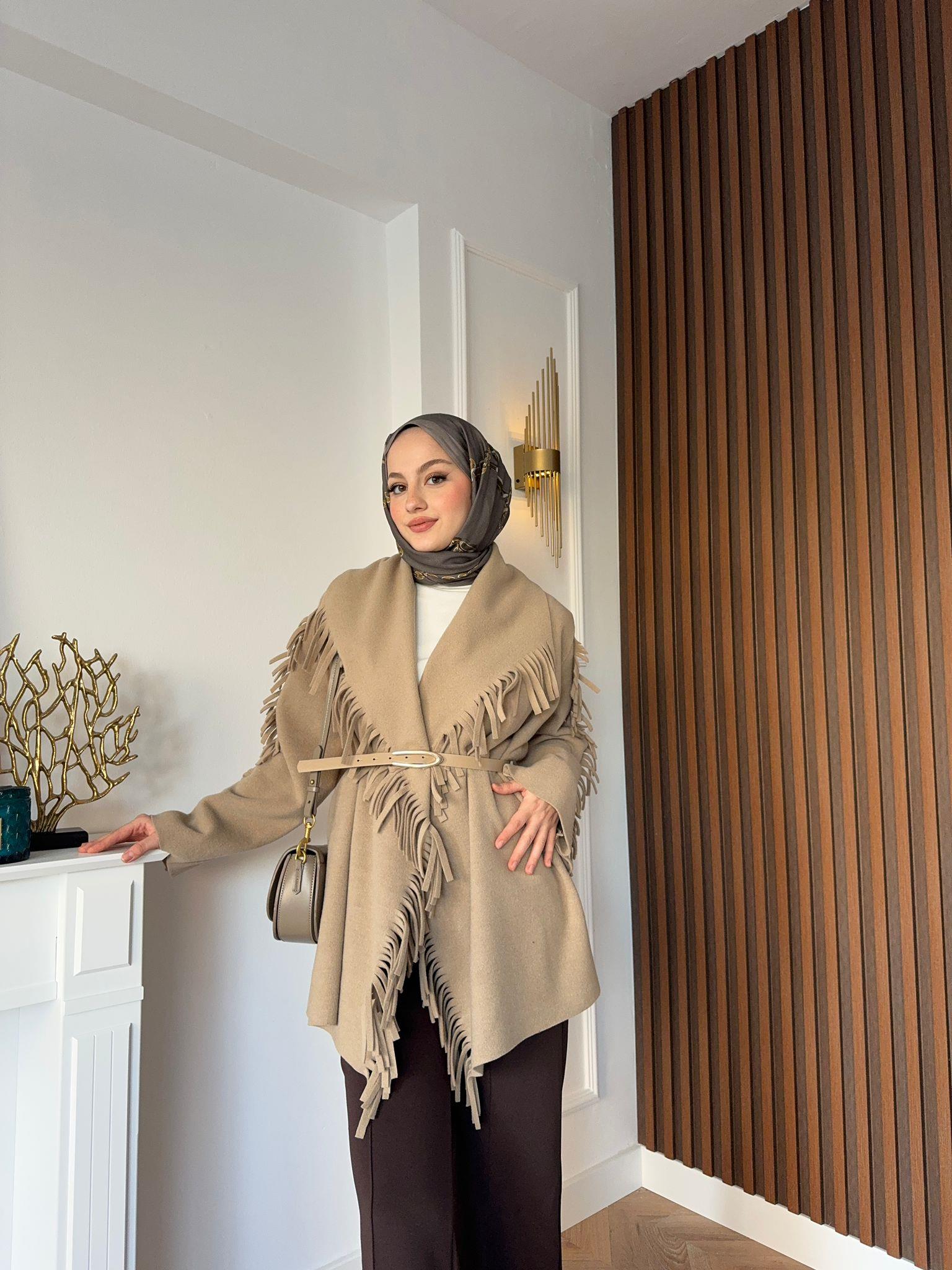 MEYSADESIGN CEKET Saçaklı Kovboy Kaşe Ceket Açık Kahve
