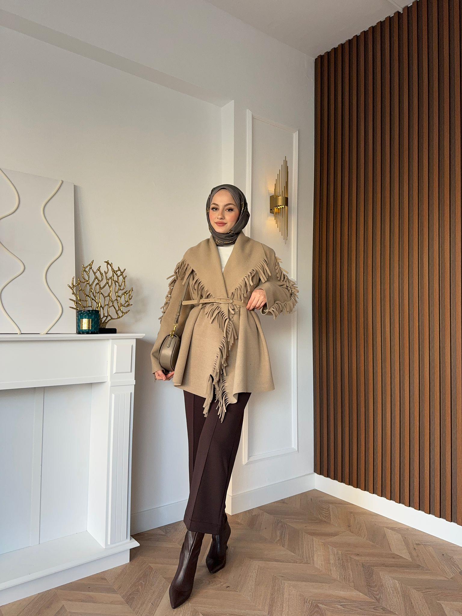 MEYSADESIGN CEKET Saçaklı Kovboy Kaşe Ceket Açık Kahve