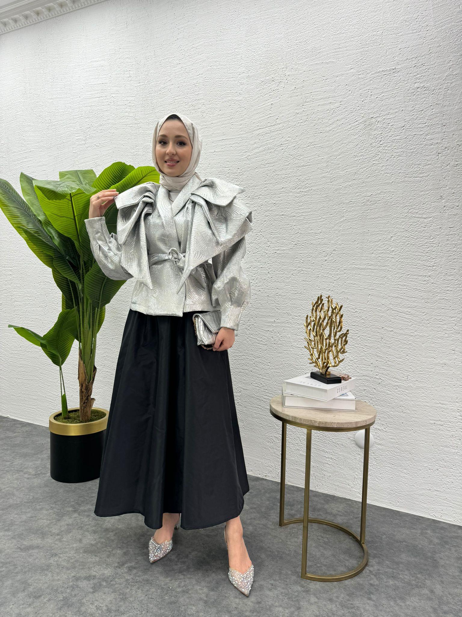 MEYSADESIGN CEKET Volanlı Kısa Tafta Ceket Gümüş