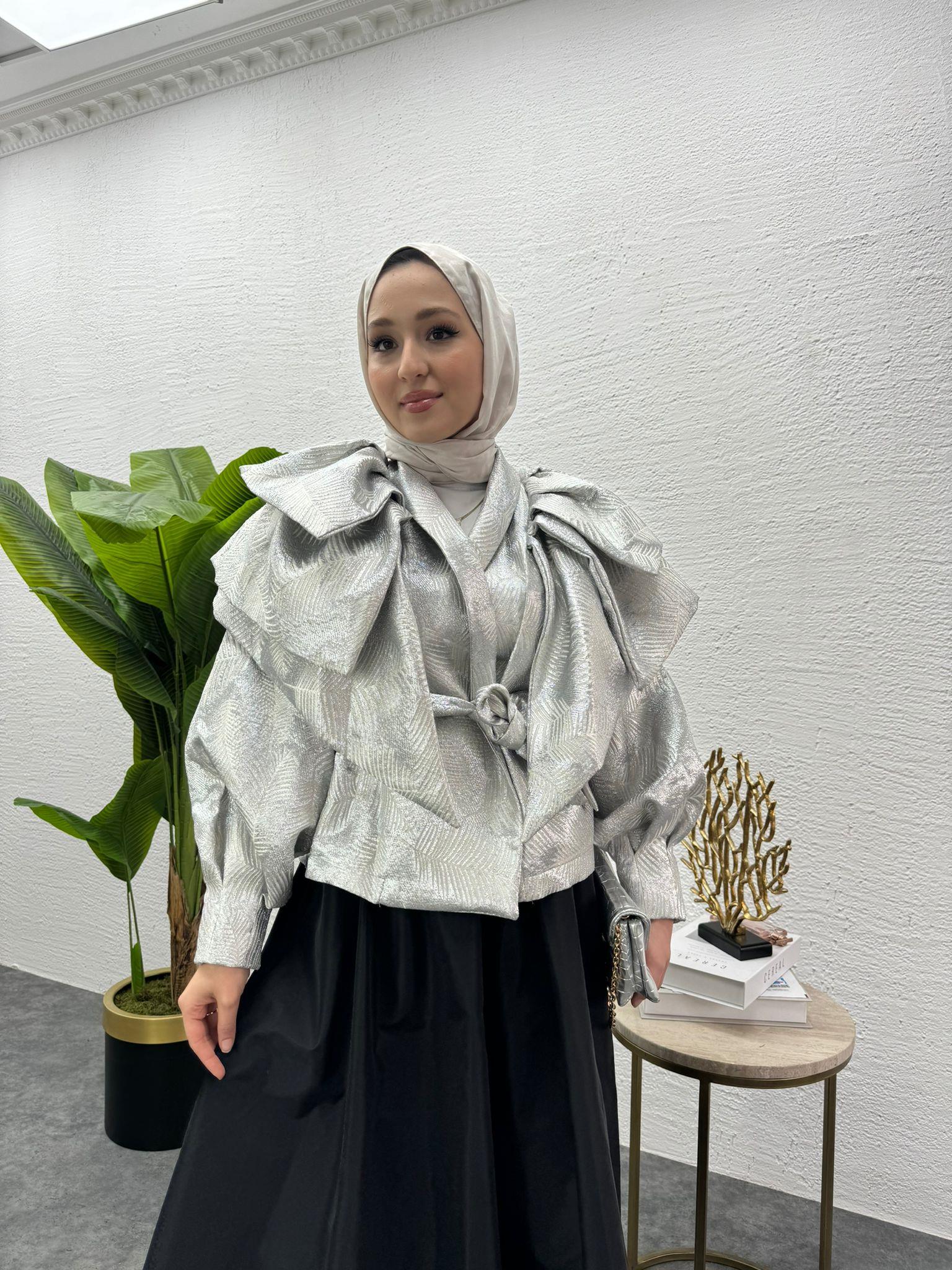 MEYSADESIGN CEKET Volanlı Kısa Tafta Ceket Gümüş