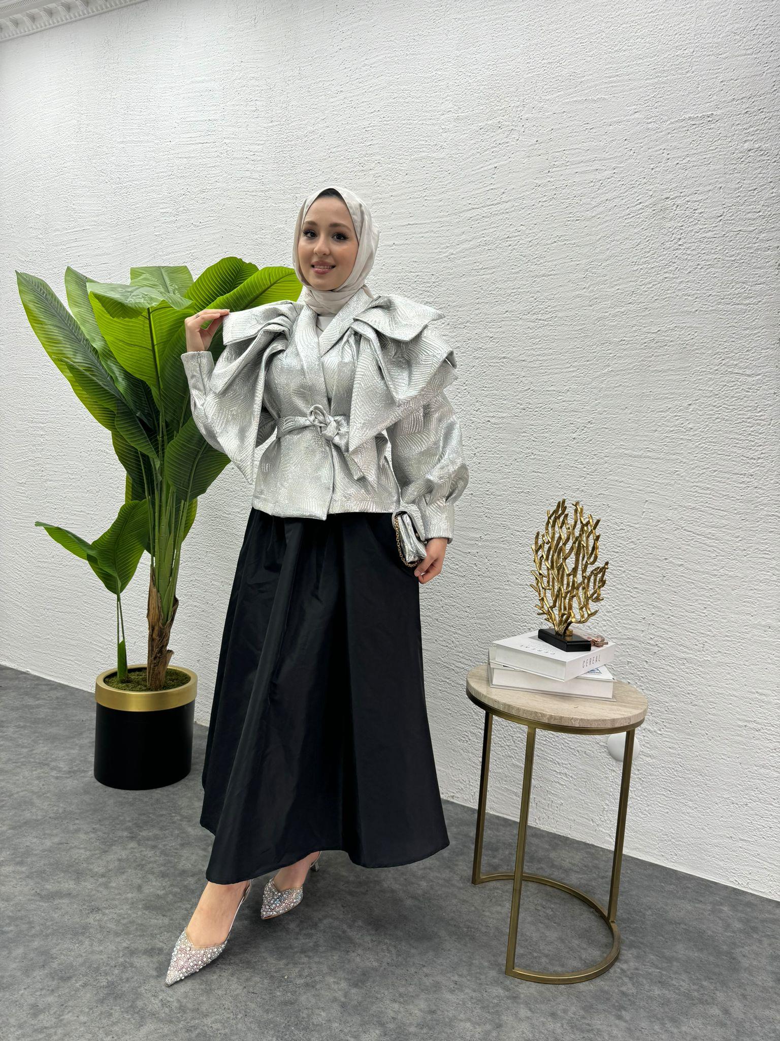MEYSADESIGN CEKET Volanlı Kısa Tafta Ceket Gümüş