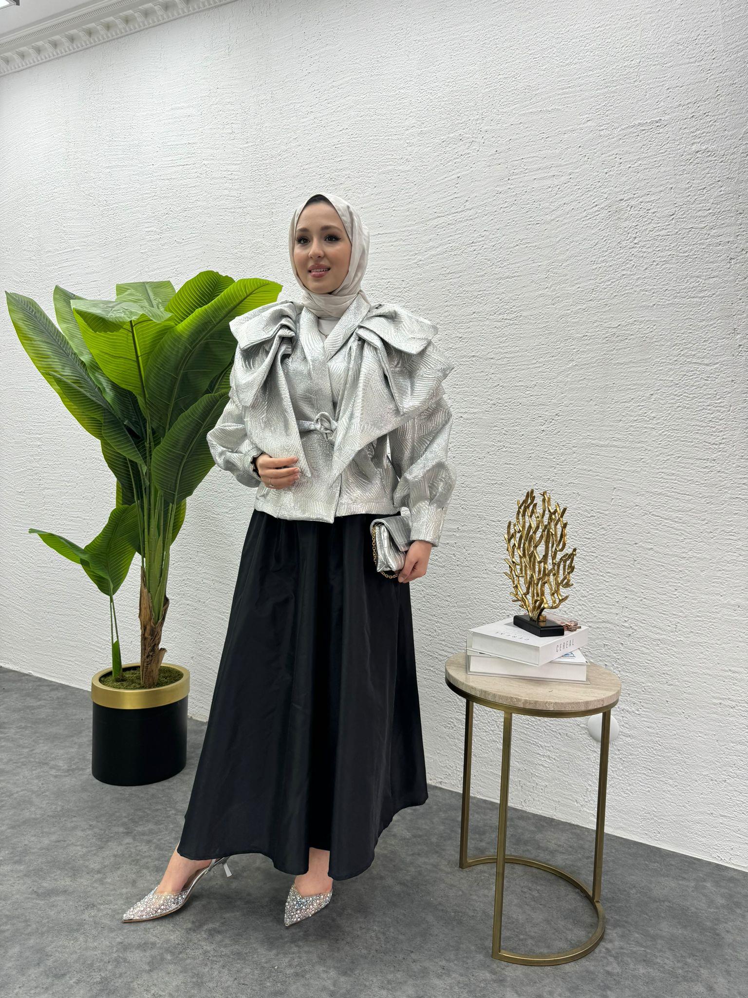 MEYSADESIGN CEKET Volanlı Kısa Tafta Ceket Gümüş