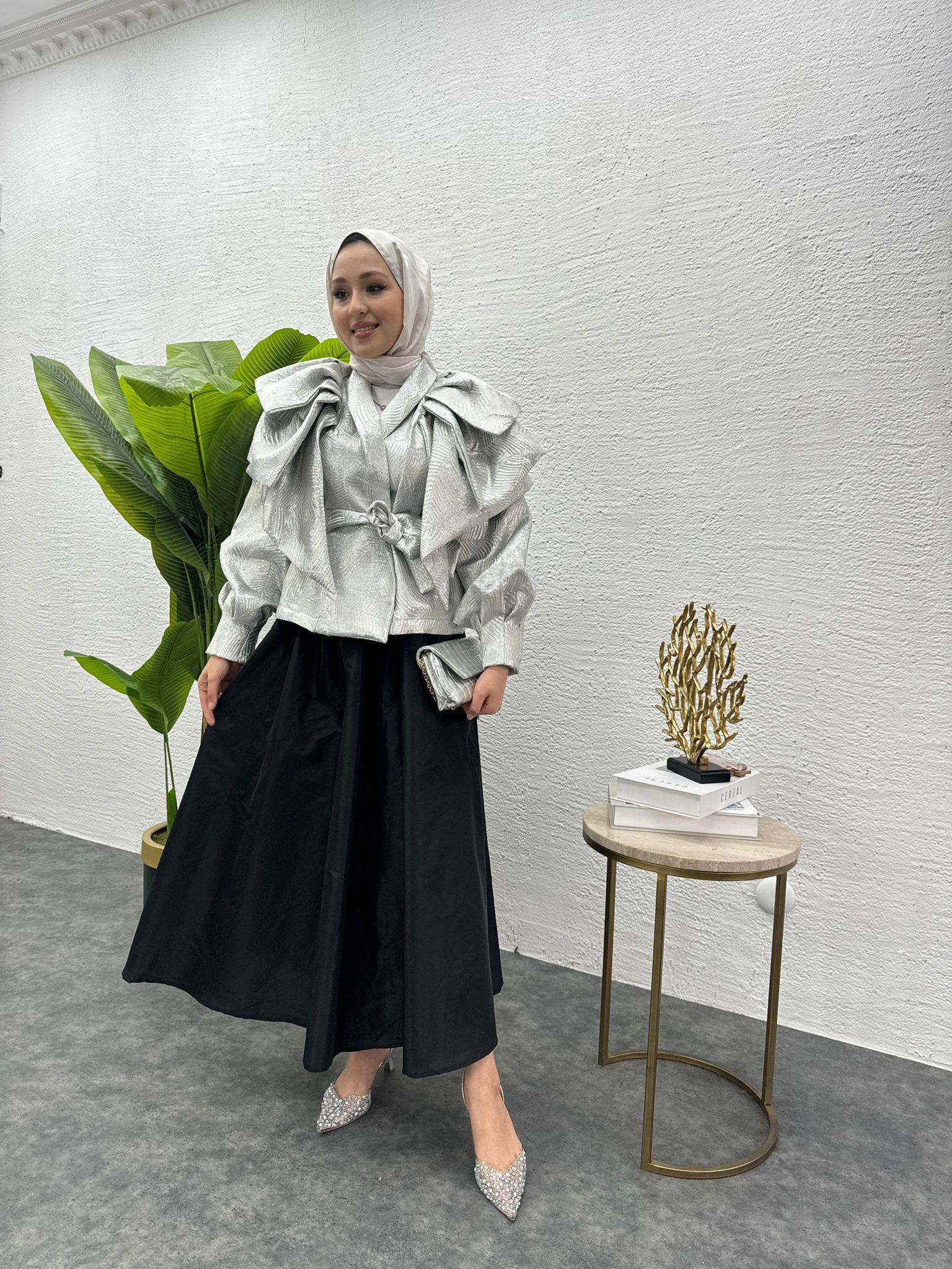 MEYSADESIGN CEKET Volanlı Kısa Tafta Ceket Gümüş