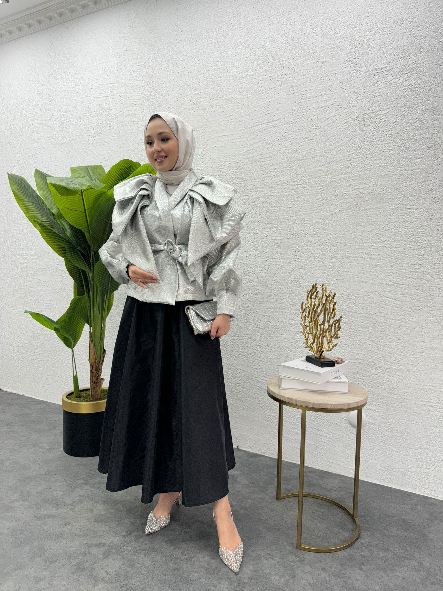 MEYSADESIGN CEKET Volanlı Kısa Tafta Ceket Gümüş