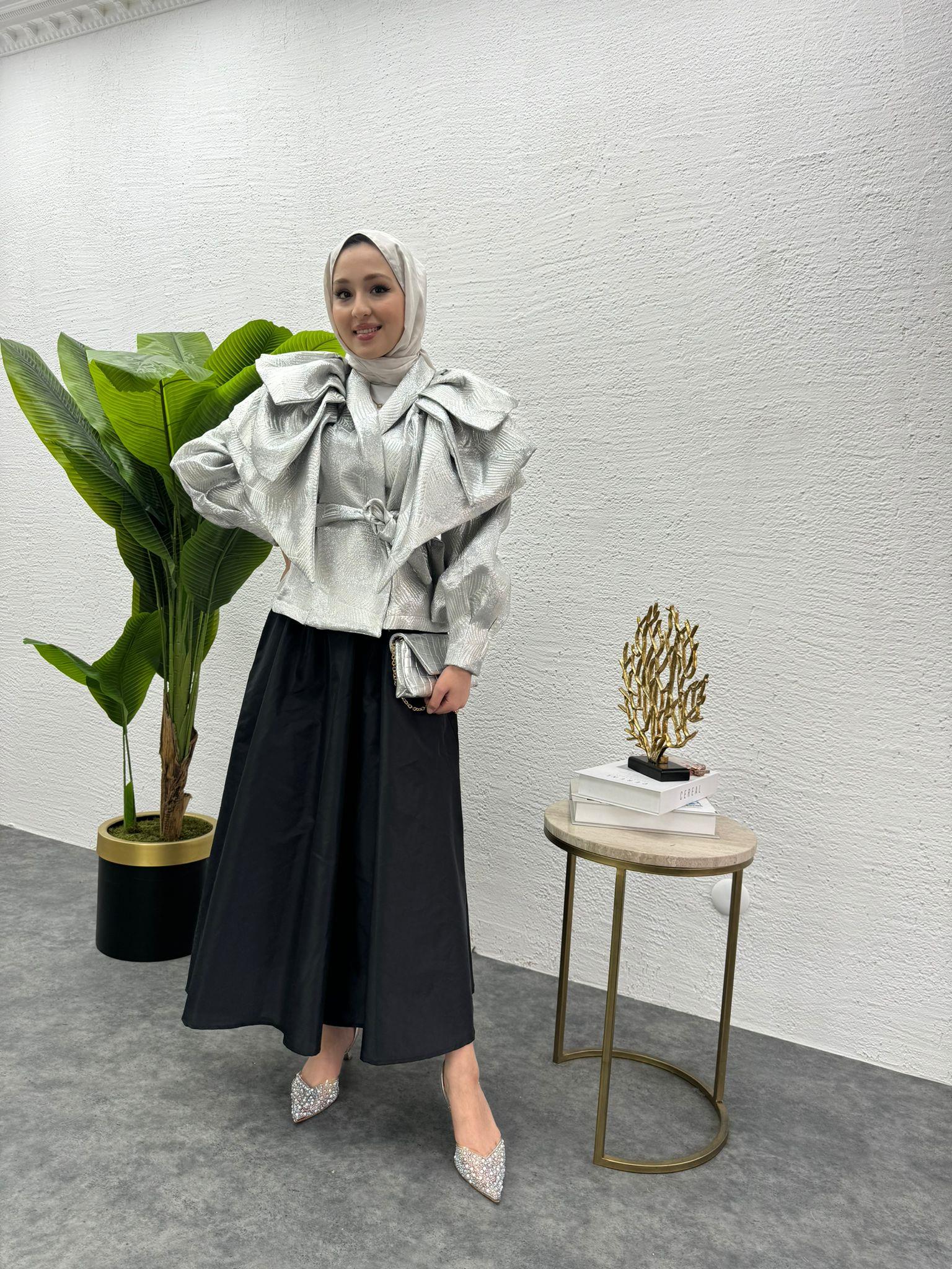 MEYSADESIGN CEKET Volanlı Kısa Tafta Ceket Gümüş