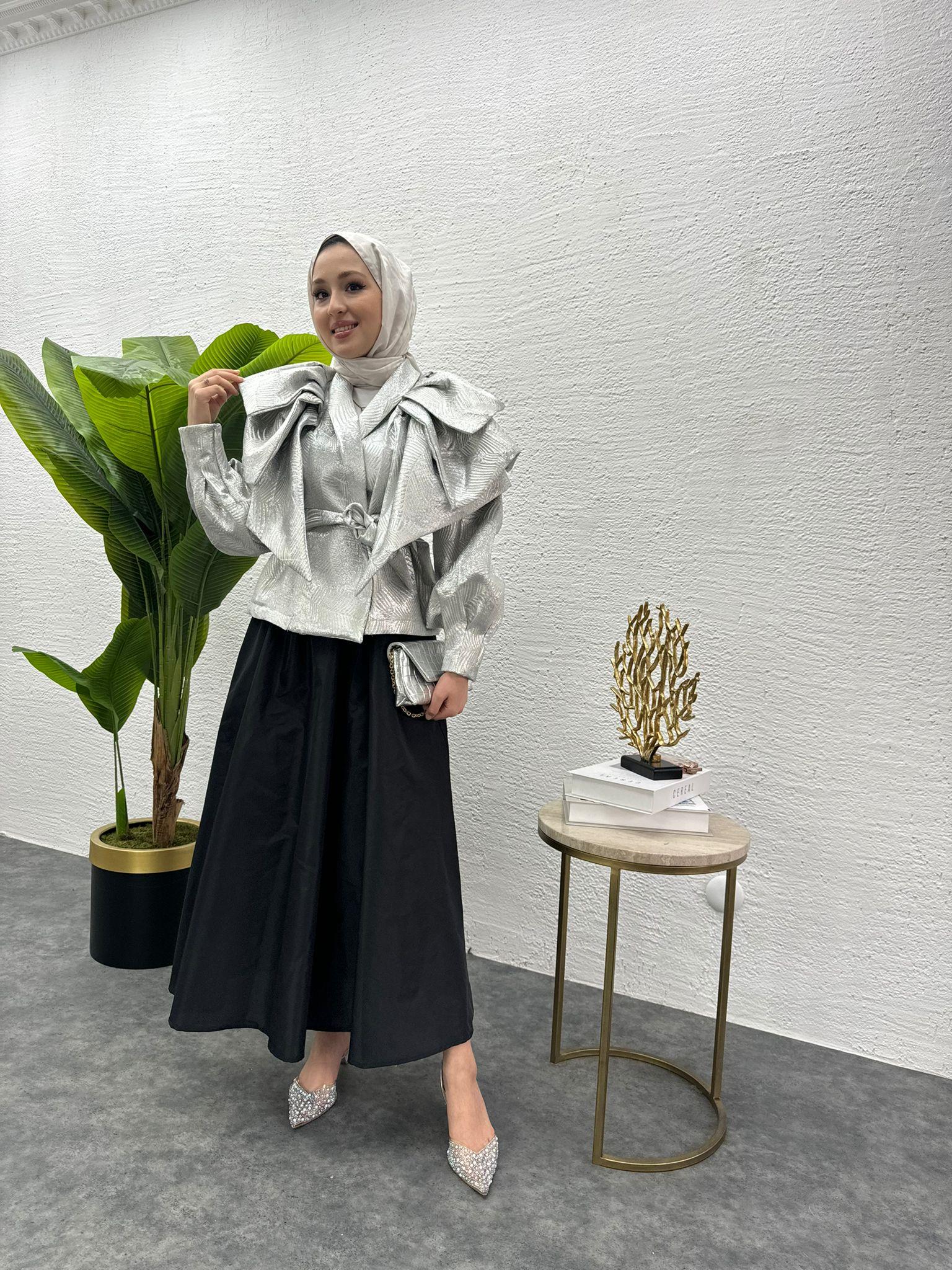 MEYSADESIGN CEKET Volanlı Kısa Tafta Ceket Gümüş