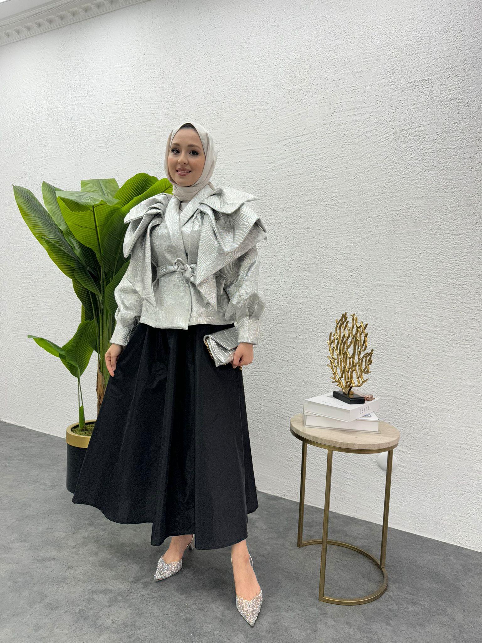 MEYSADESIGN CEKET Volanlı Kısa Tafta Ceket Gümüş