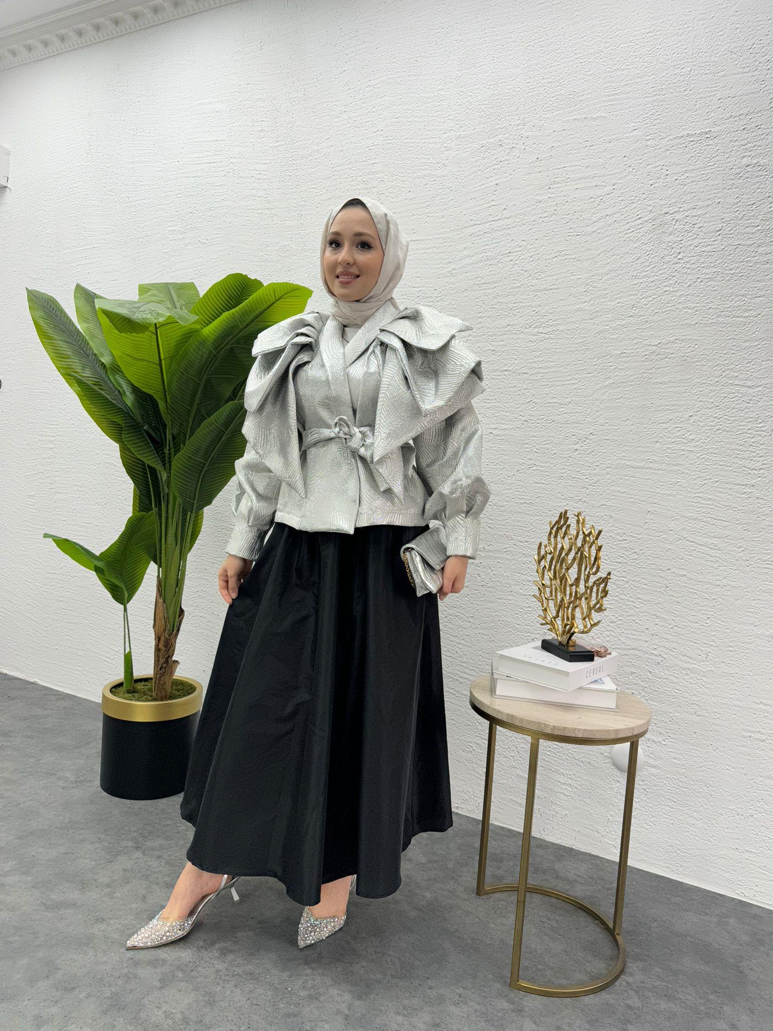 MEYSADESIGN CEKET Volanlı Kısa Tafta Ceket Gümüş