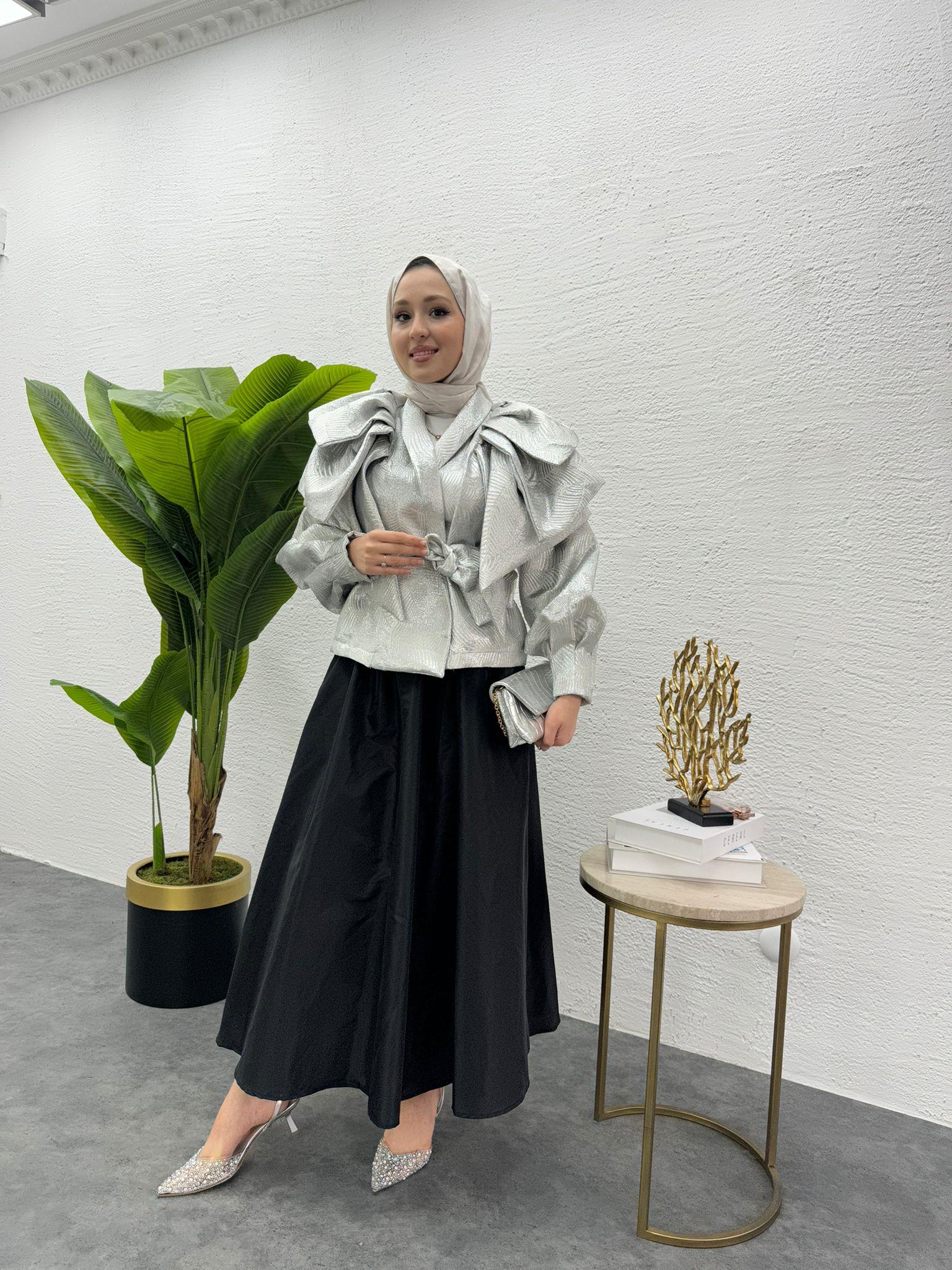 MEYSADESIGN CEKET Volanlı Kısa Tafta Ceket Gümüş