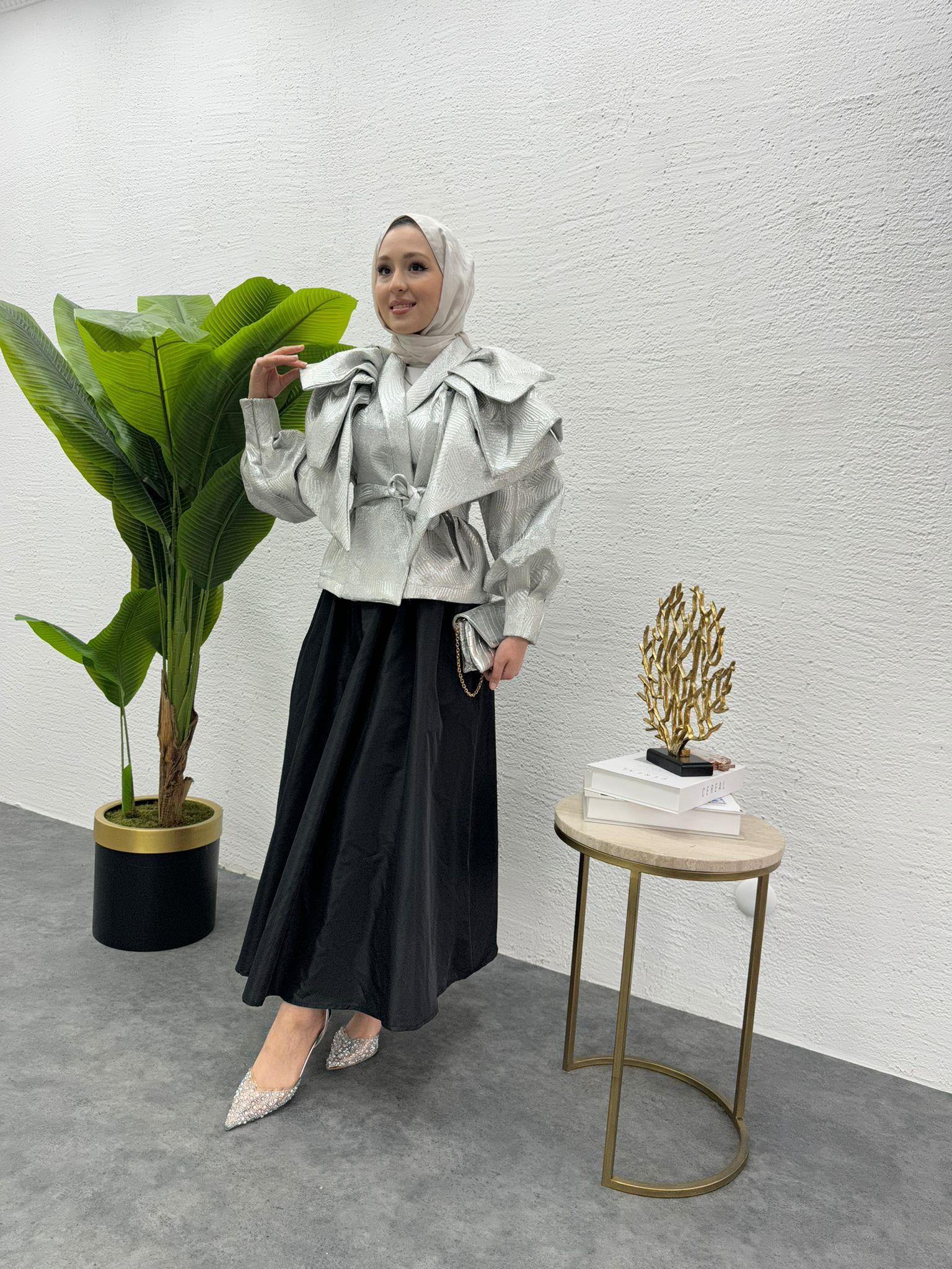 MEYSADESIGN CEKET Volanlı Kısa Tafta Ceket Gümüş