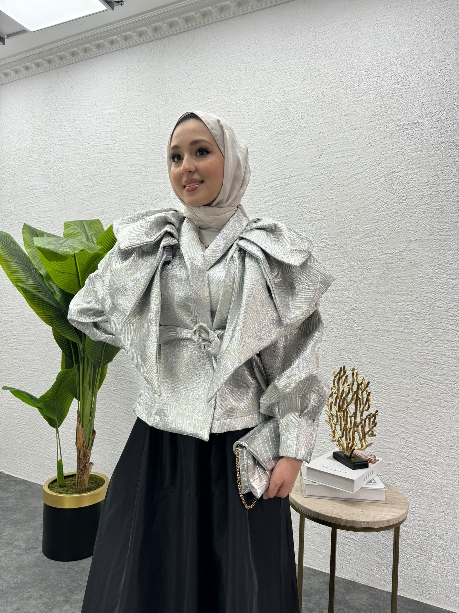 MEYSADESIGN CEKET Volanlı Kısa Tafta Ceket Gümüş
