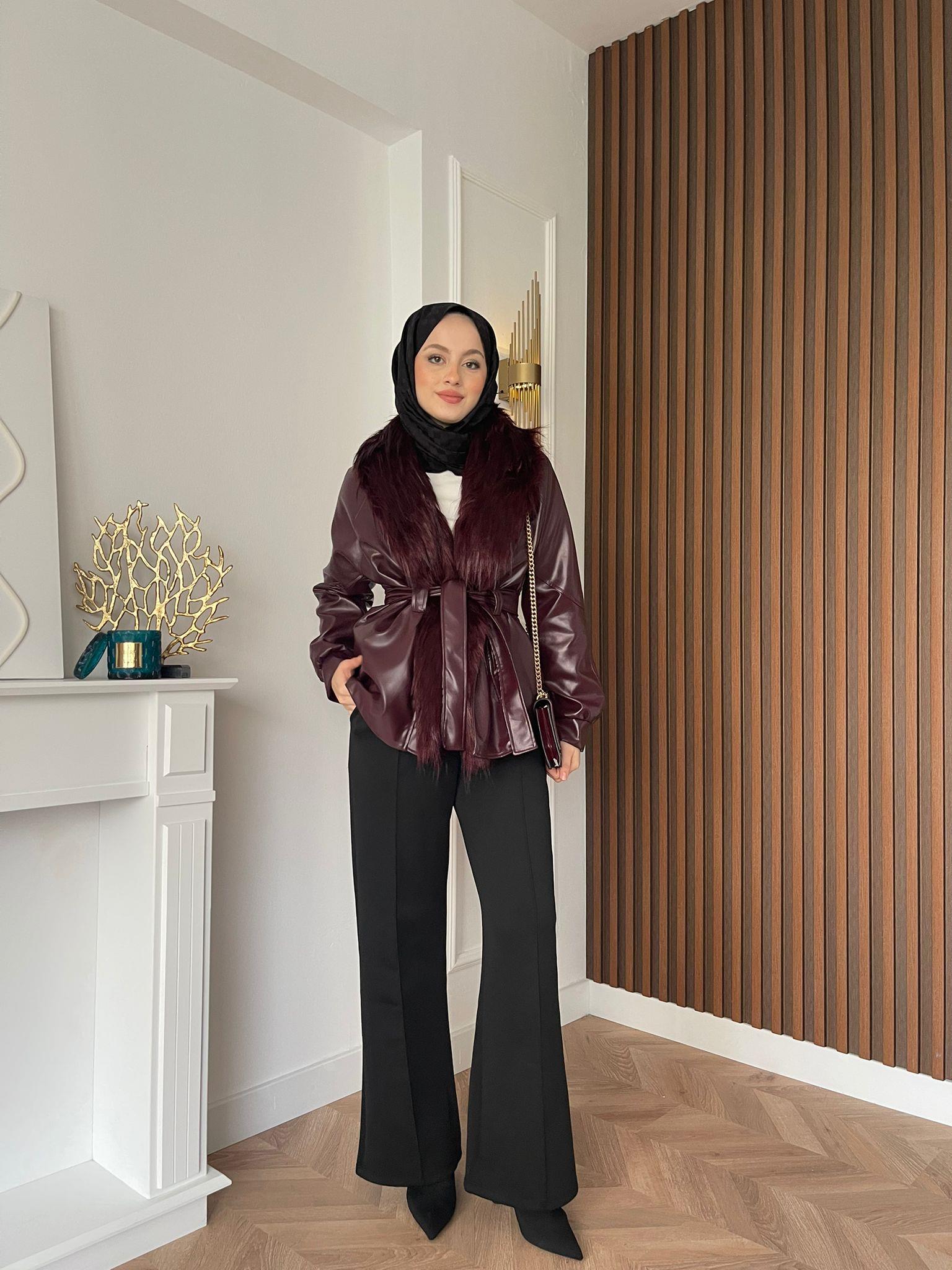 MEYSADESIGN CEKET Wiana Kürklü Deri Ceket Bordo
