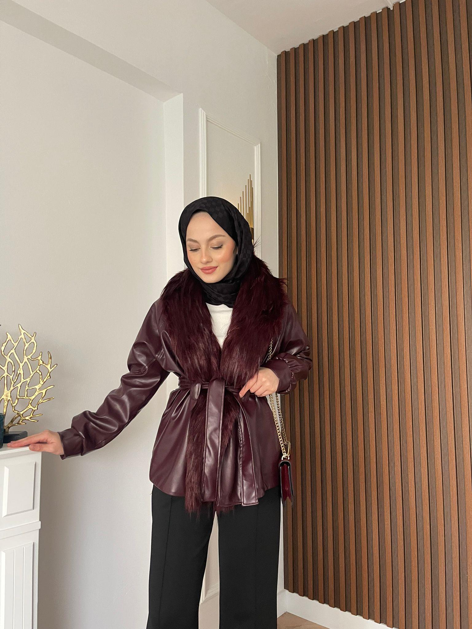 MEYSADESIGN CEKET Wiana Kürklü Deri Ceket Bordo