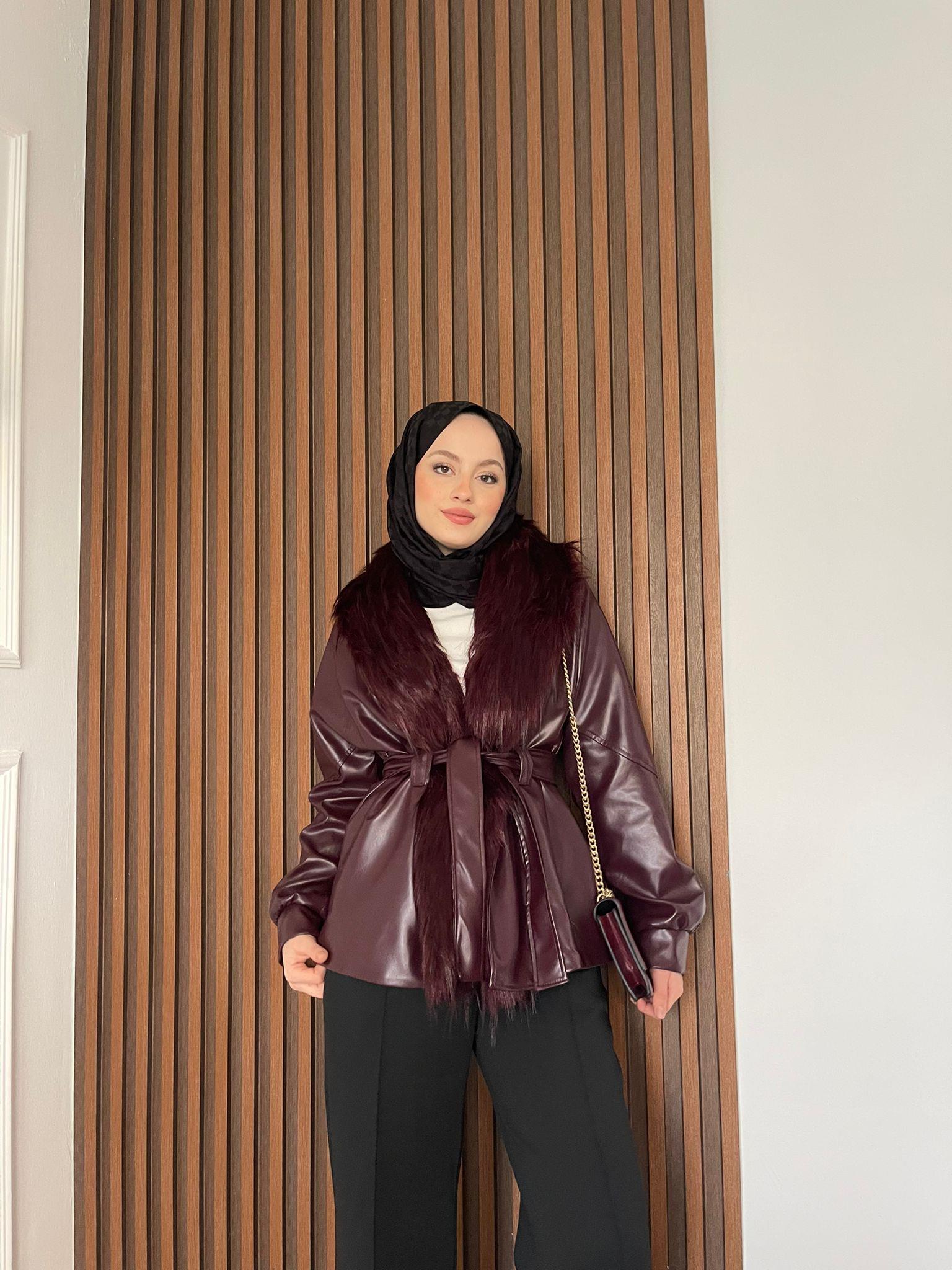 MEYSADESIGN CEKET Wiana Kürklü Deri Ceket Bordo
