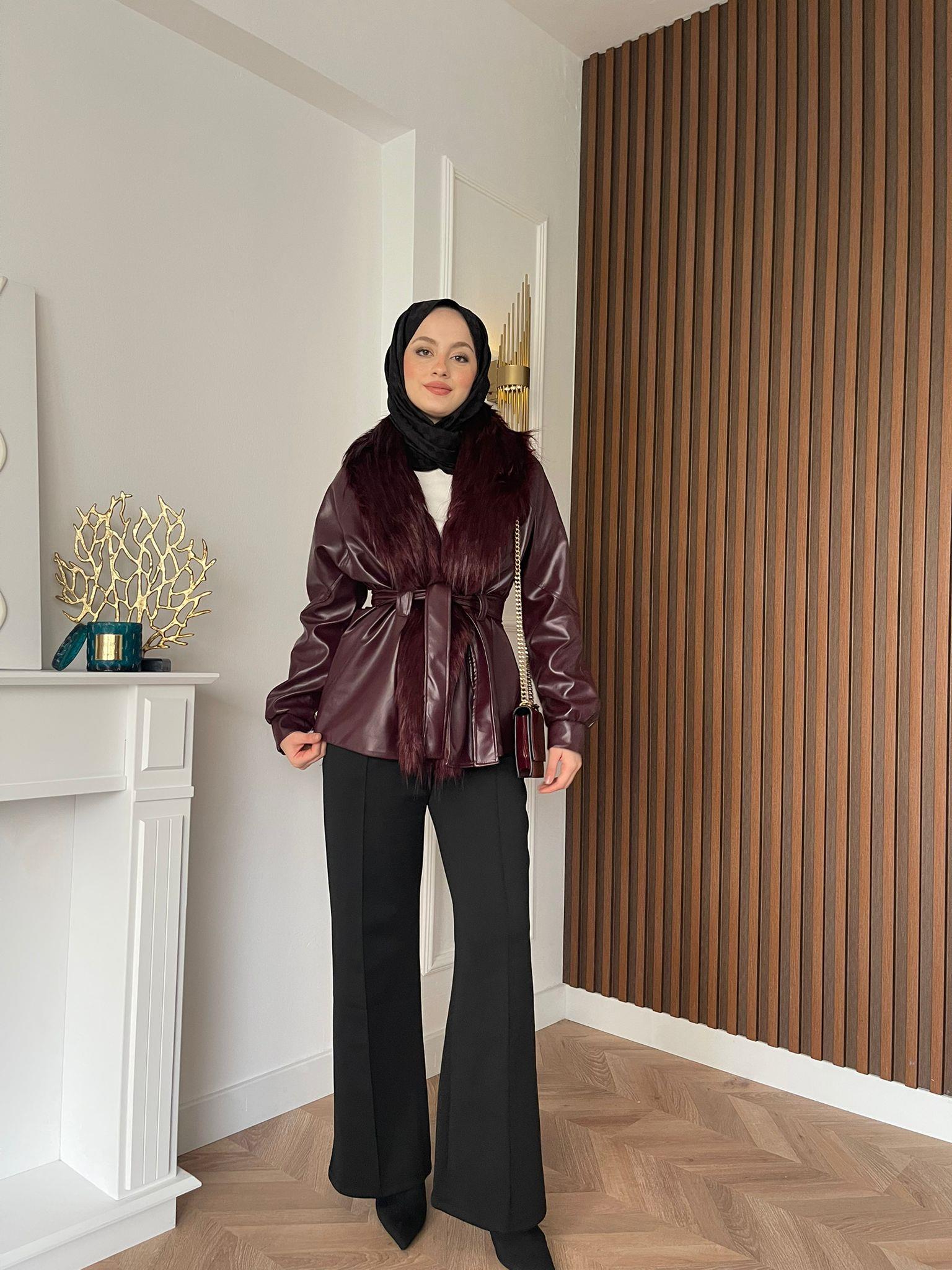 MEYSADESIGN CEKET Wiana Kürklü Deri Ceket Bordo