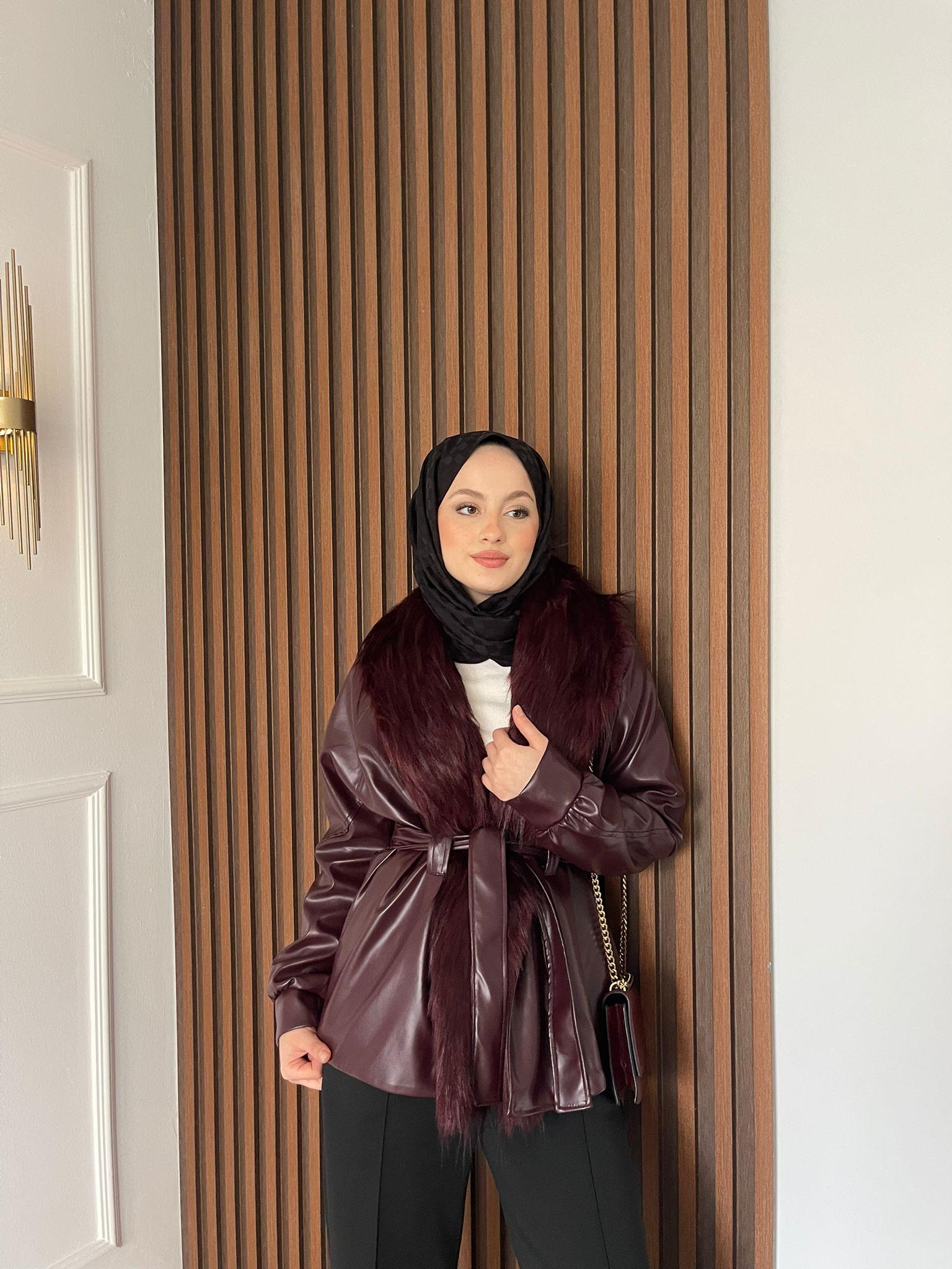 MEYSADESIGN CEKET Wiana Kürklü Deri Ceket Bordo