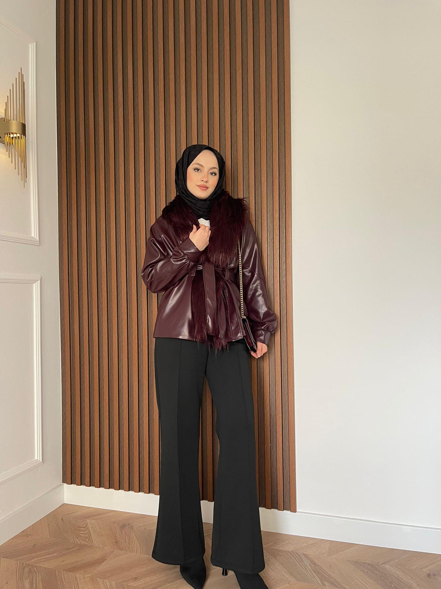 MEYSADESIGN CEKET Wiana Kürklü Deri Ceket Bordo