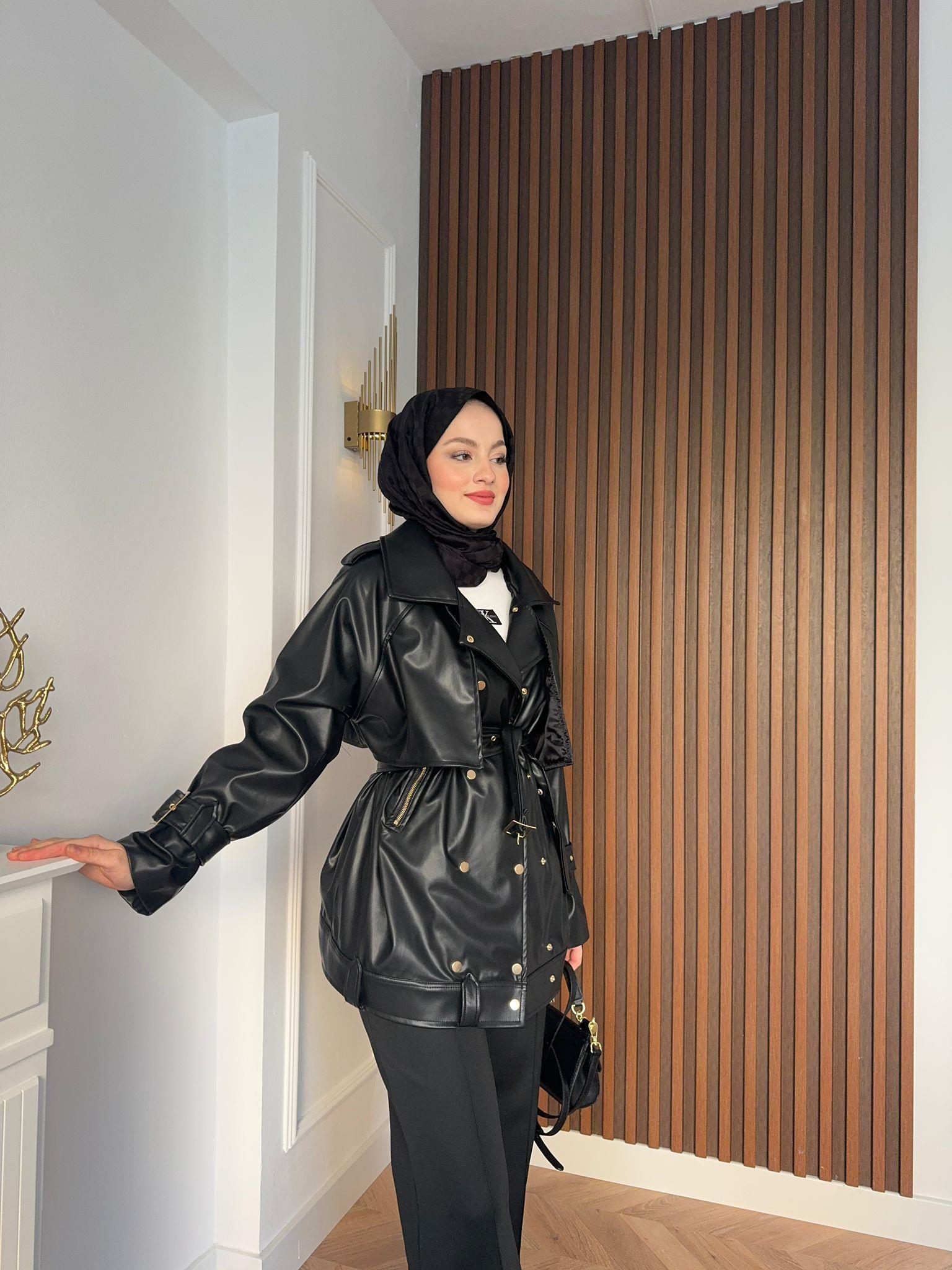 MEYSADESIGN CEKET Zımbalı Seyyar Kemerli Deri Ceket Siyah