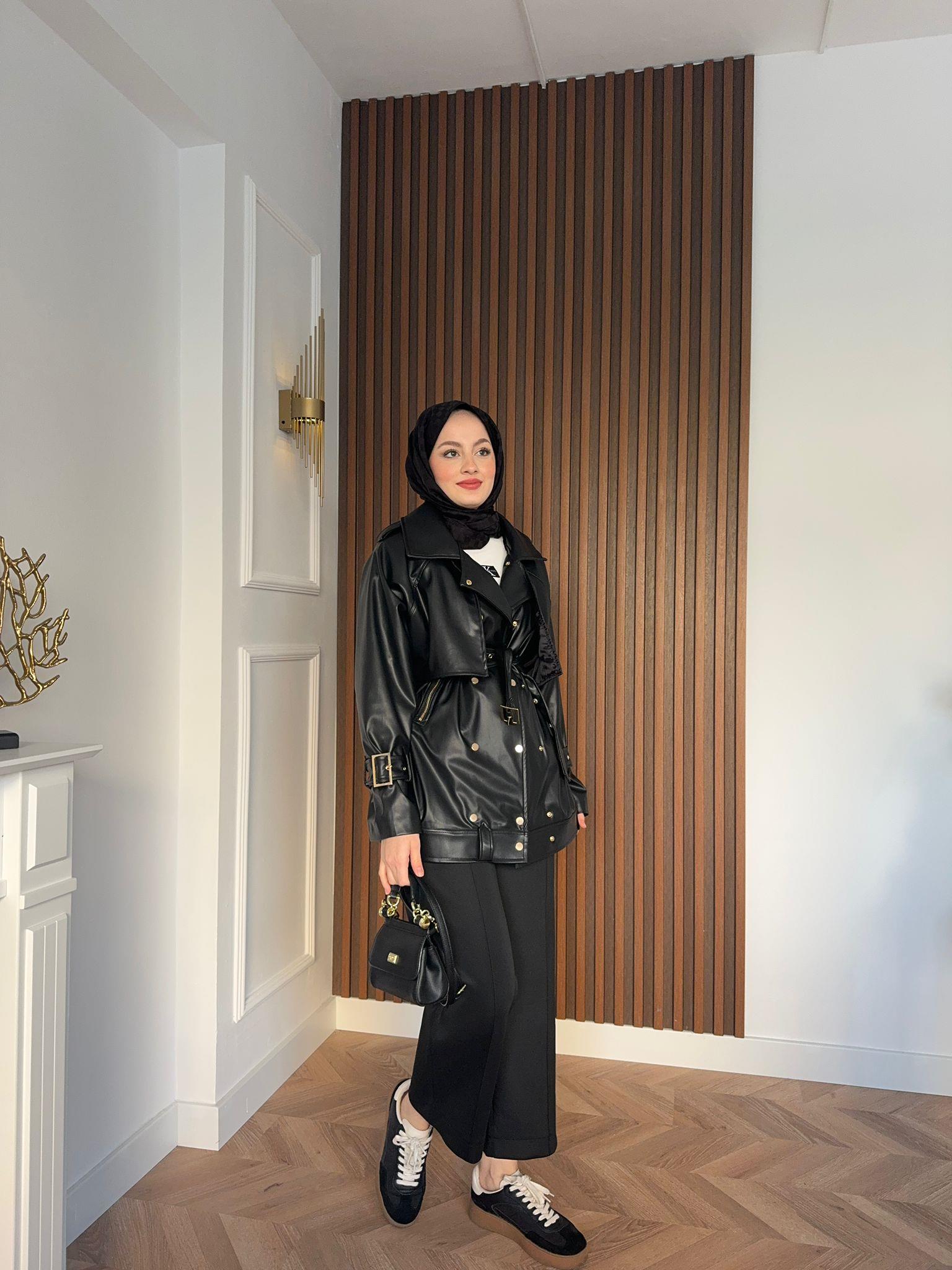 MEYSADESIGN CEKET Zımbalı Seyyar Kemerli Deri Ceket Siyah