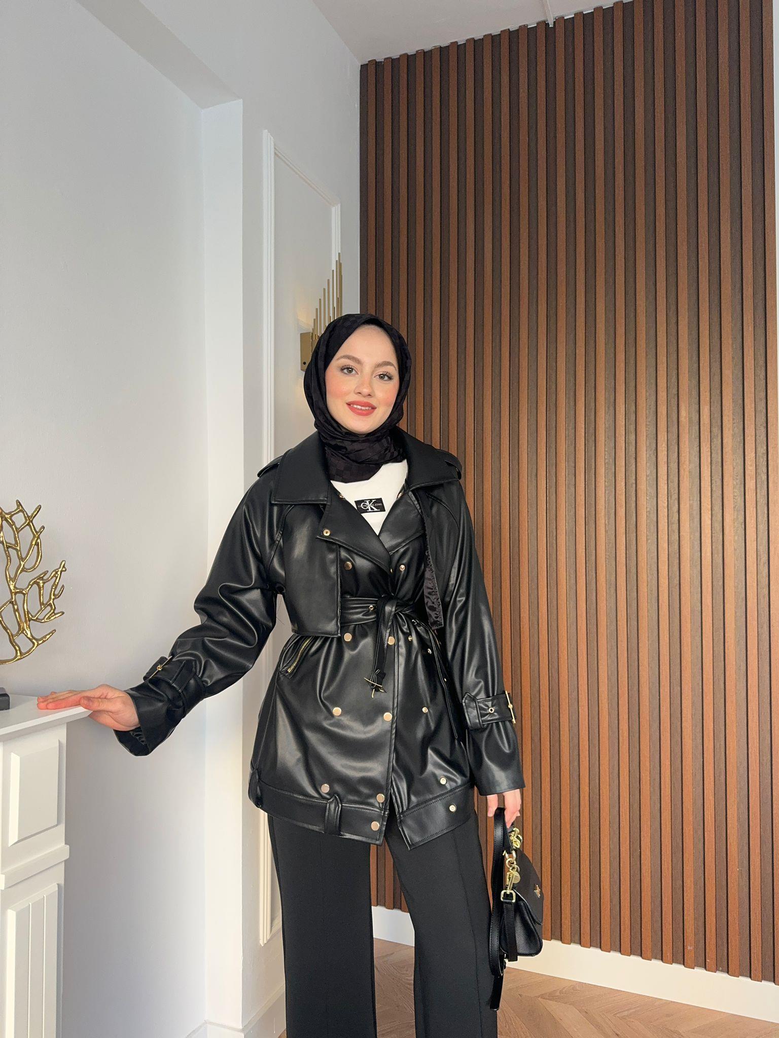 MEYSADESIGN CEKET Zımbalı Seyyar Kemerli Deri Ceket Siyah