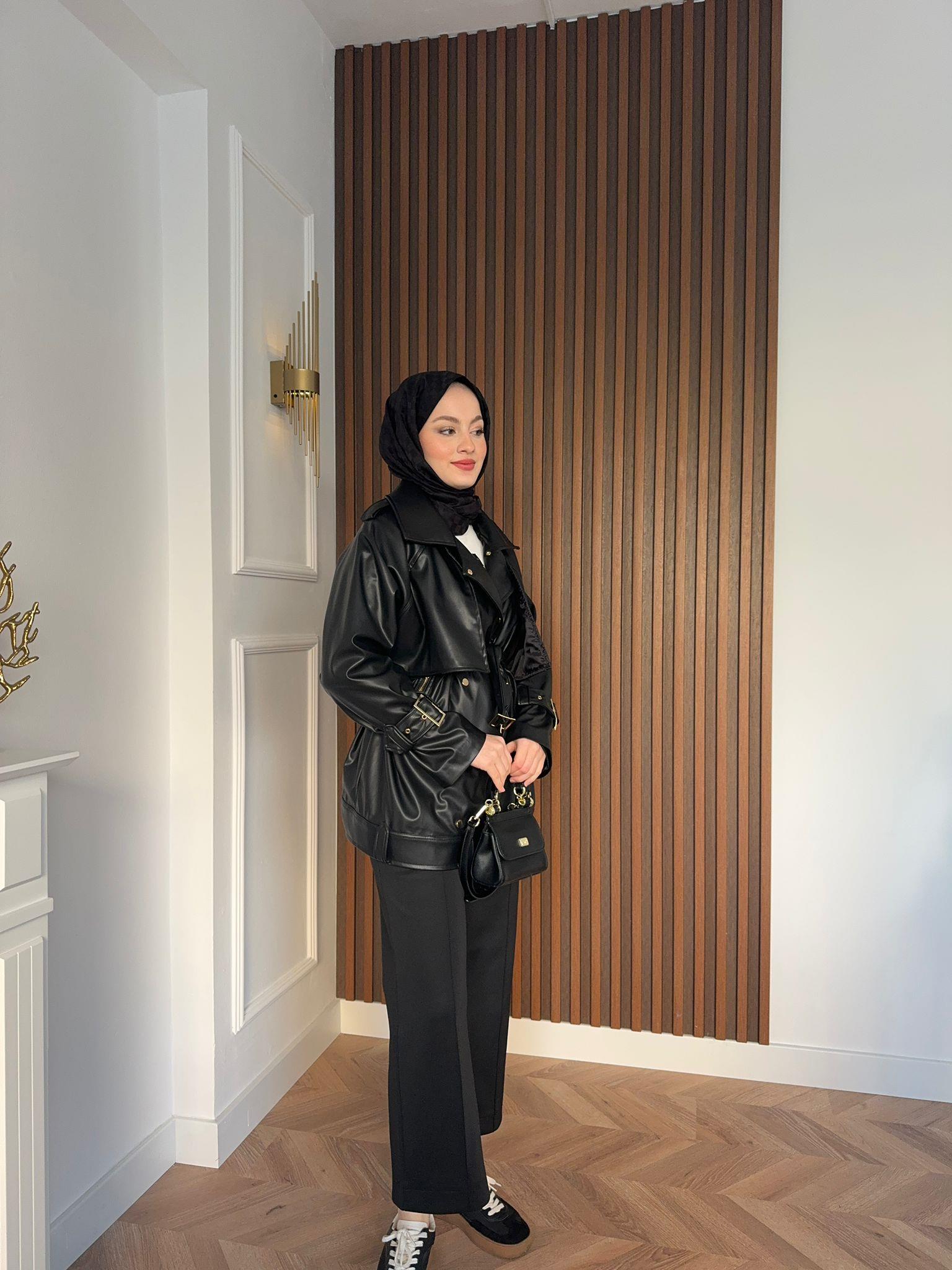 MEYSADESIGN CEKET Zımbalı Seyyar Kemerli Deri Ceket Siyah