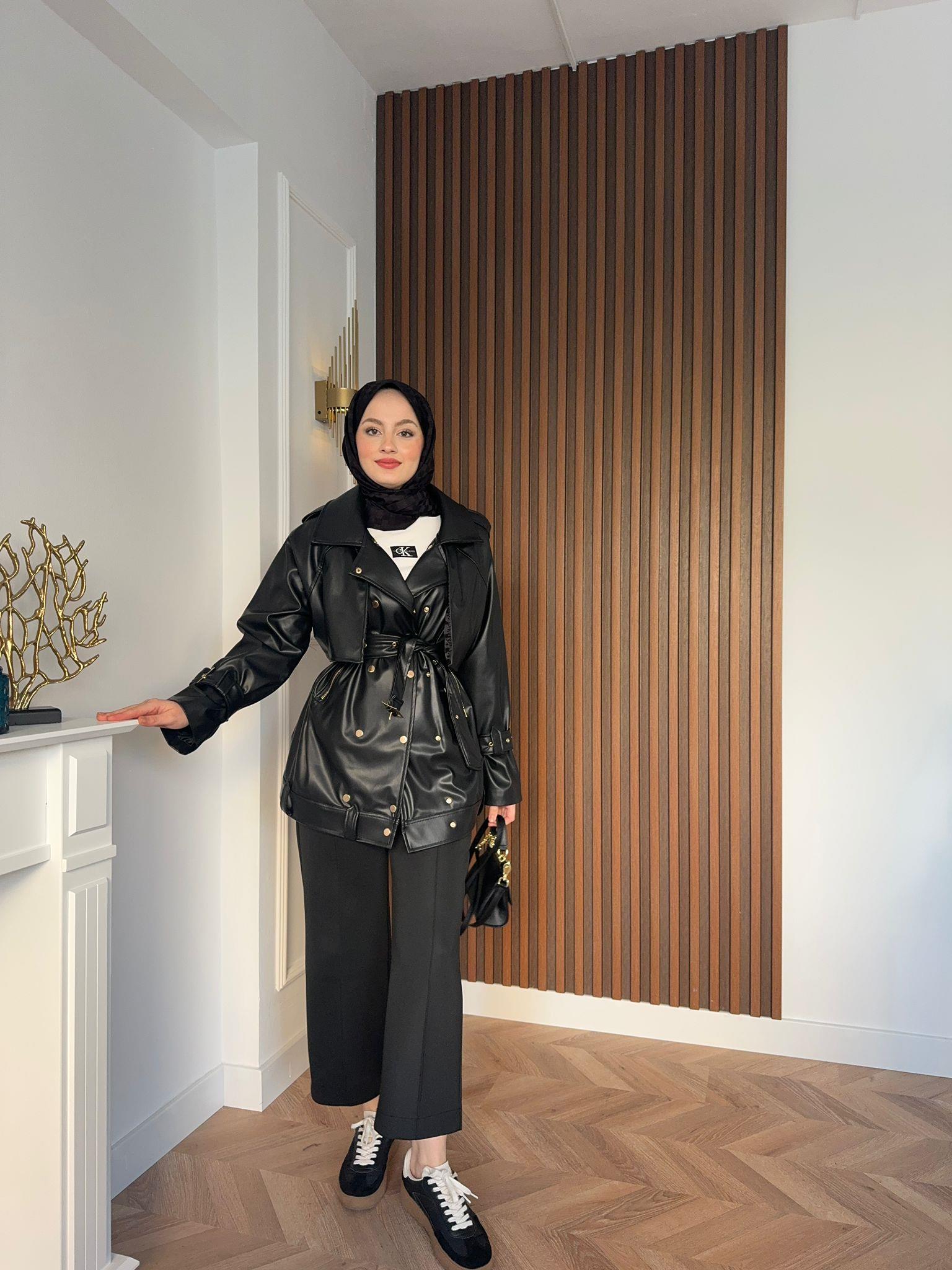 MEYSADESIGN CEKET Zımbalı Seyyar Kemerli Deri Ceket Siyah