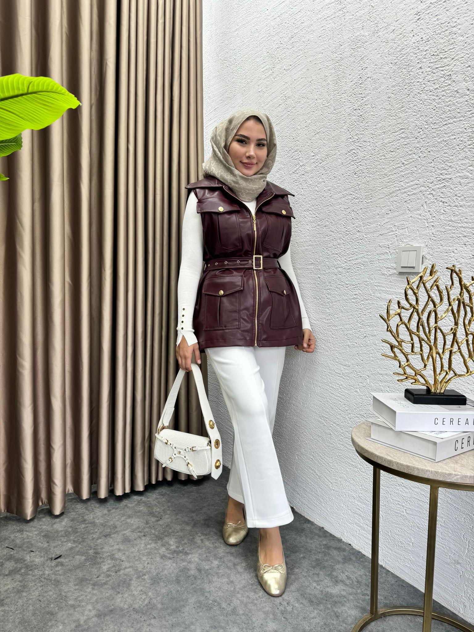 MEYSADESIGN DERİ GİYİM Kemerli Deri Yelek Bordo