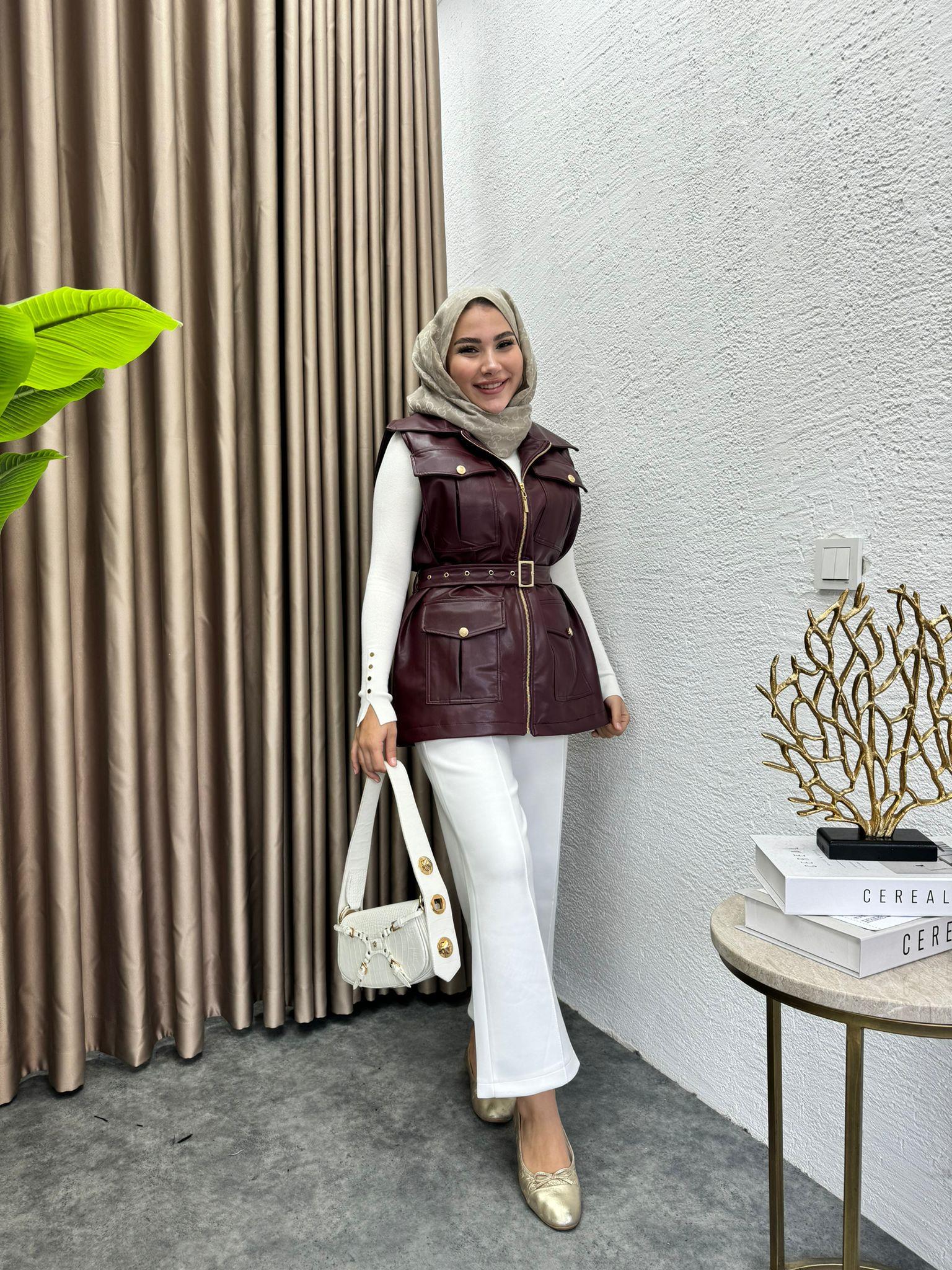MEYSADESIGN DERİ GİYİM Kemerli Deri Yelek Bordo