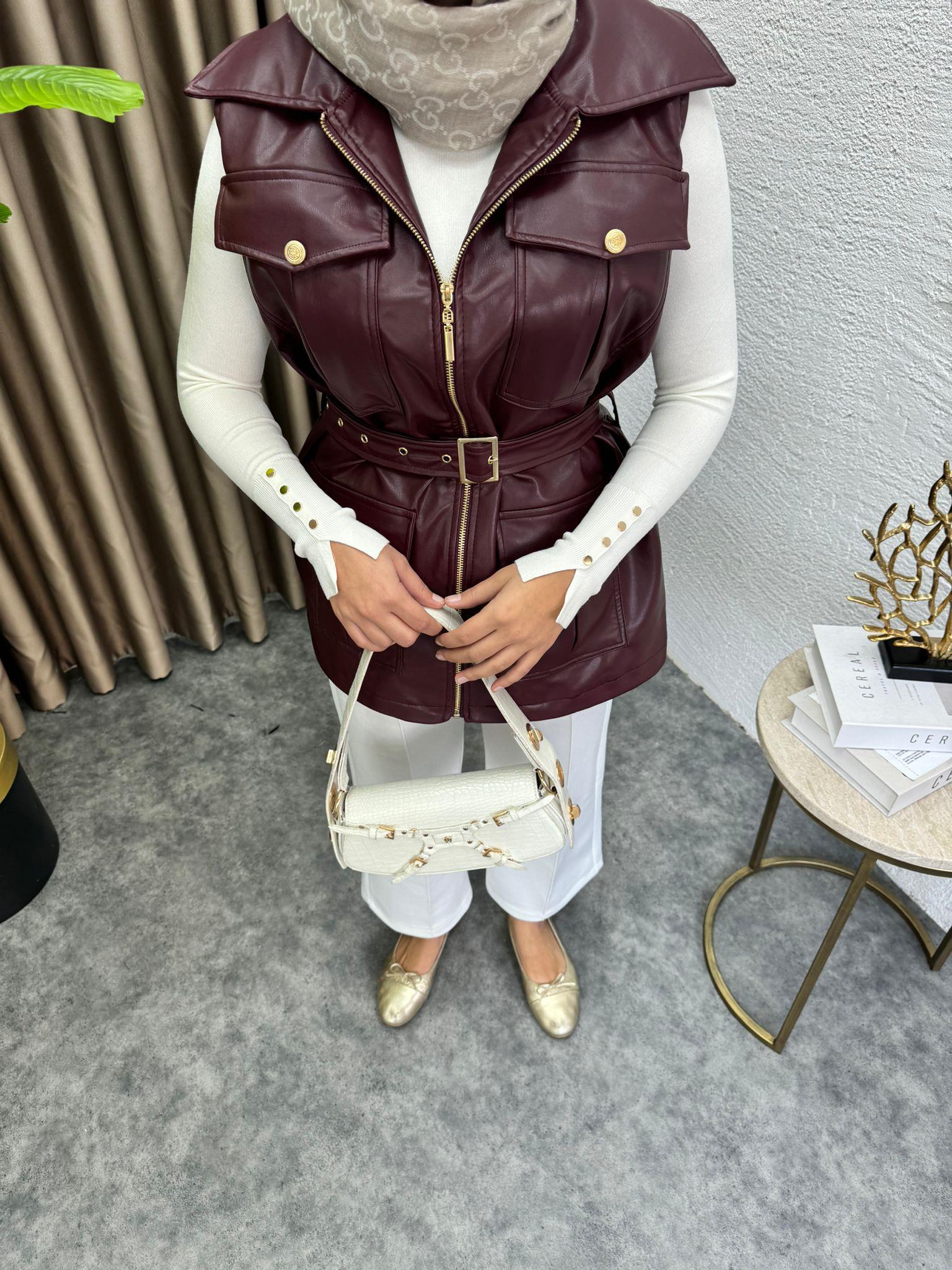 MEYSADESIGN DERİ GİYİM Kemerli Deri Yelek Bordo