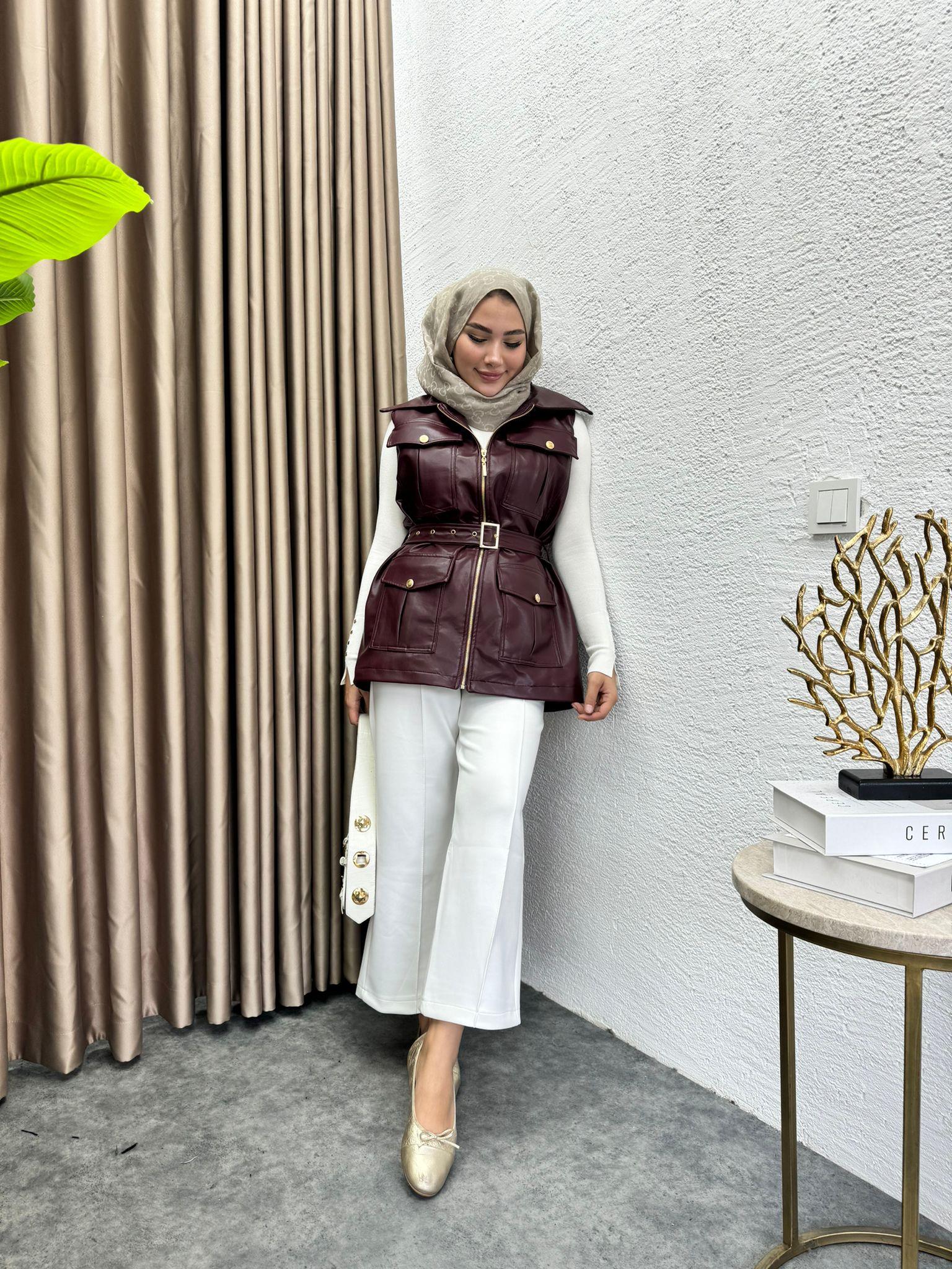 MEYSADESIGN DERİ GİYİM Kemerli Deri Yelek Bordo