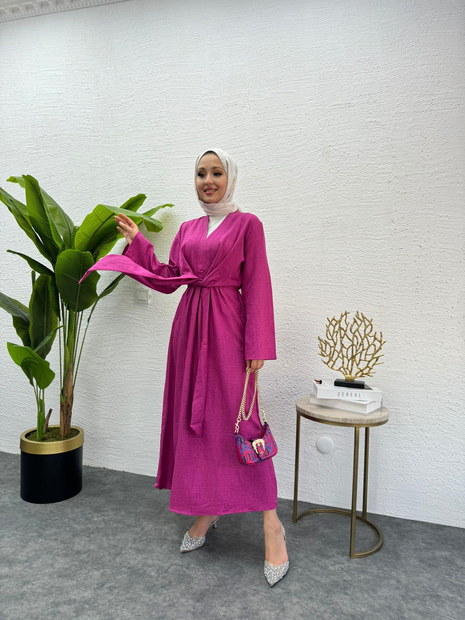MEYSADESIGN ELBİSELER Bağlamalı Keten Elbise Fuşya
