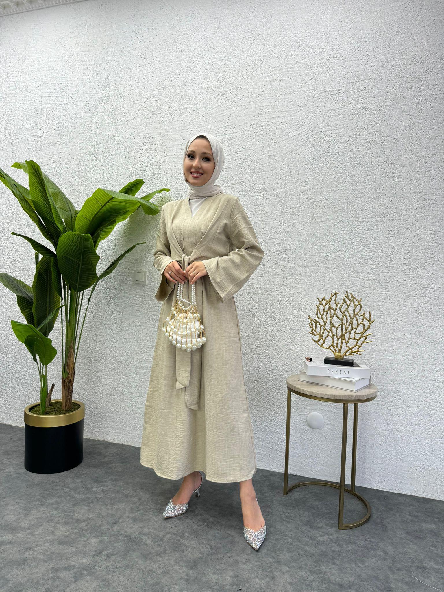 MEYSADESIGN ELBİSELER Bağlamalı Keten Elbise Taş