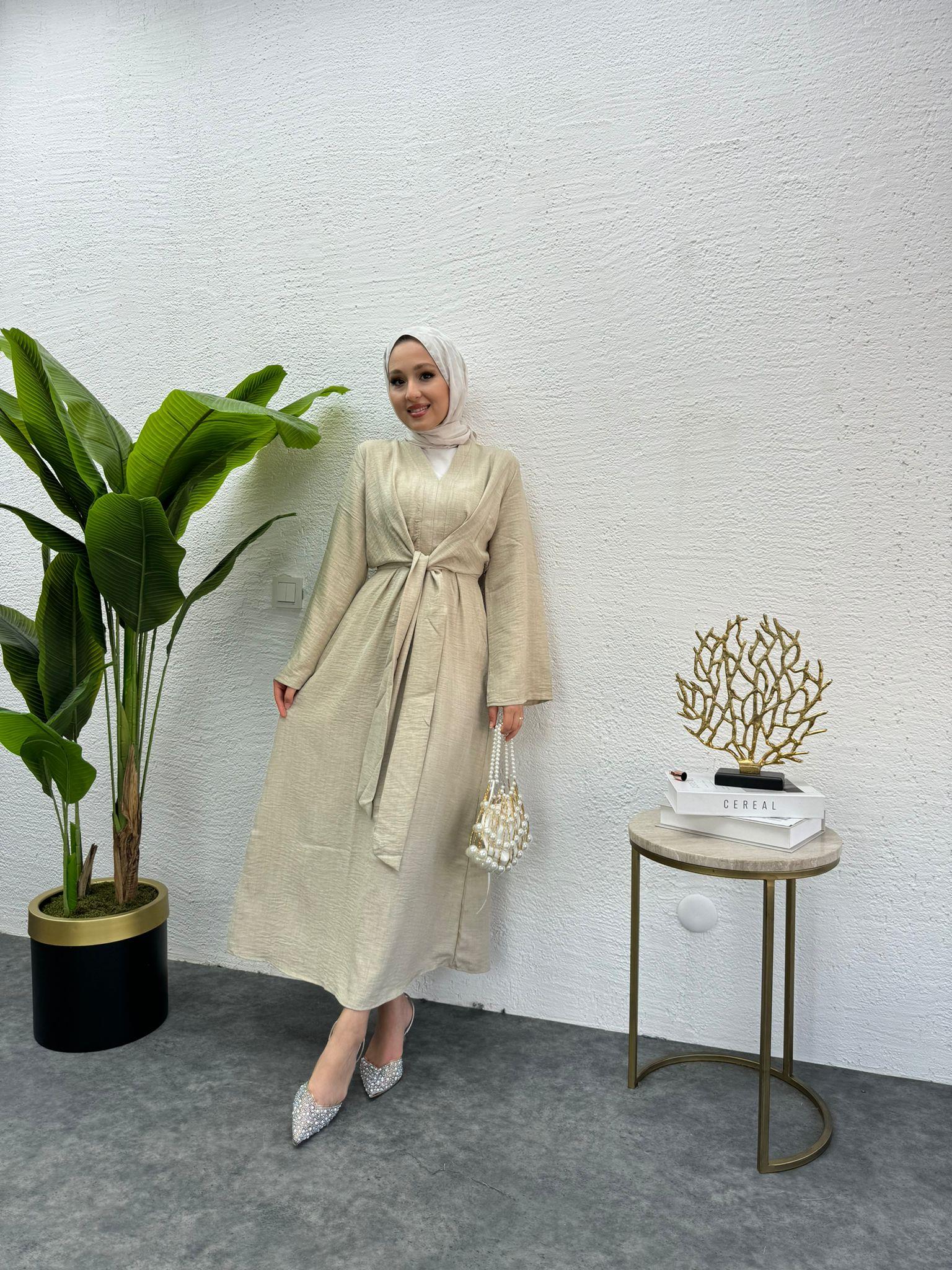 MEYSADESIGN ELBİSELER Bağlamalı Keten Elbise Taş