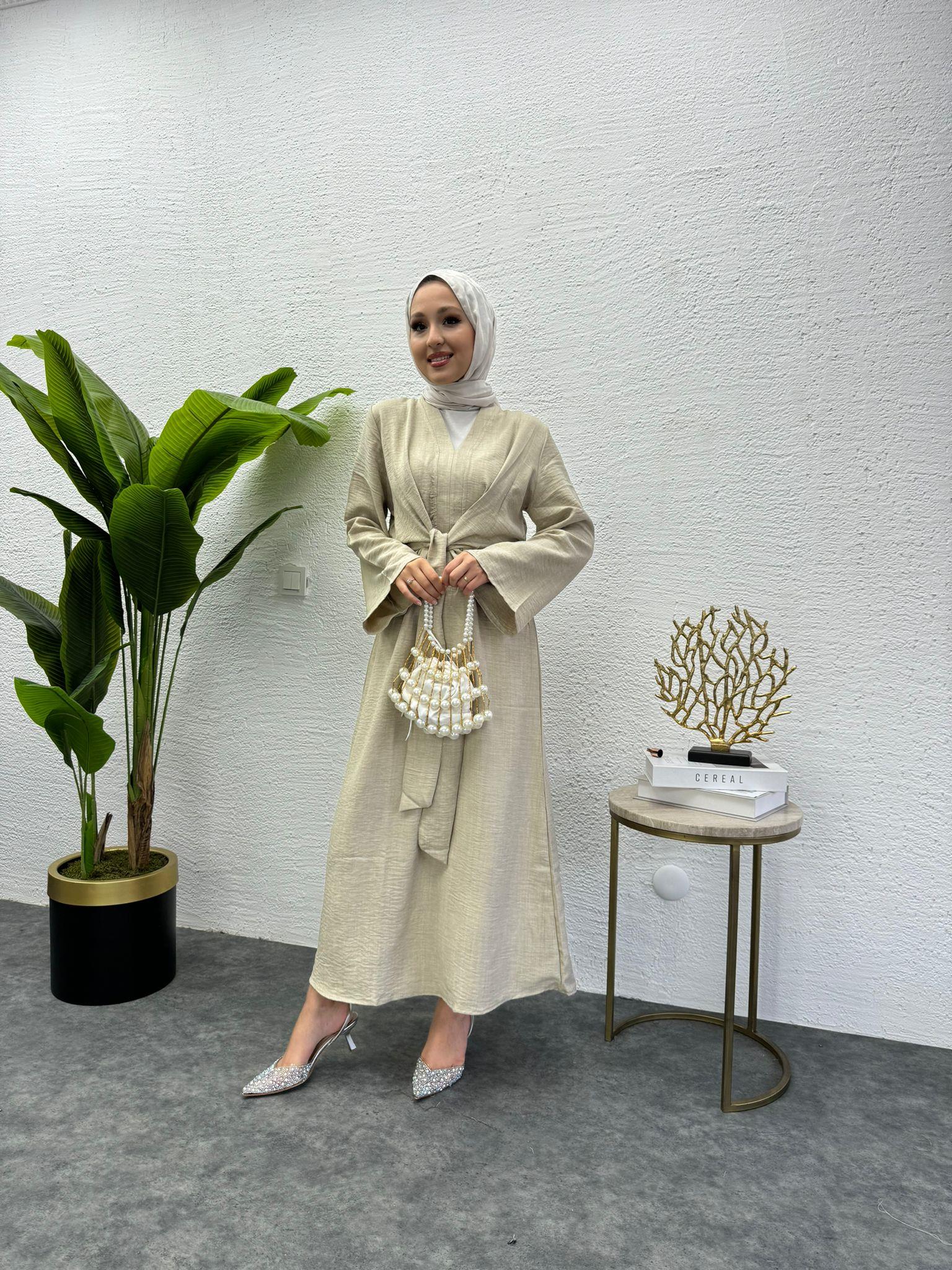 MEYSADESIGN ELBİSELER Bağlamalı Keten Elbise Taş