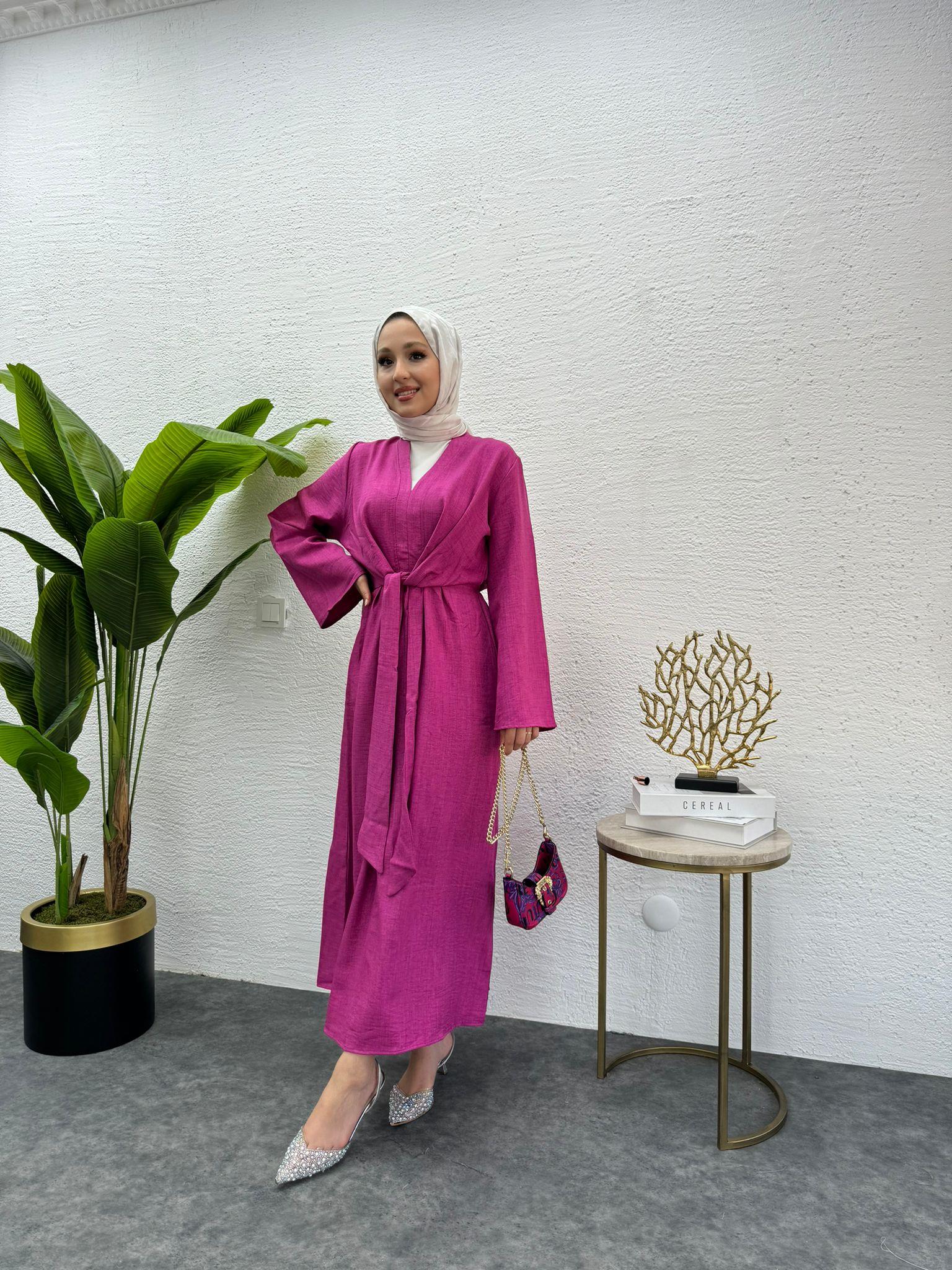 MEYSADESIGN ELBİSELER Bağlamalı Keten Elbise Fuşya