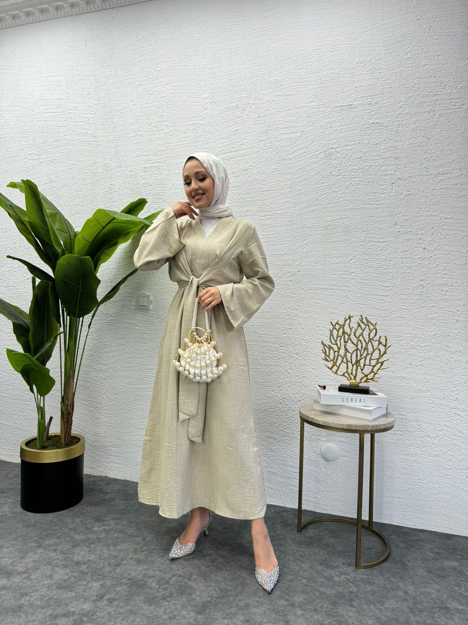 MEYSADESIGN ELBİSELER Bağlamalı Keten Elbise Taş