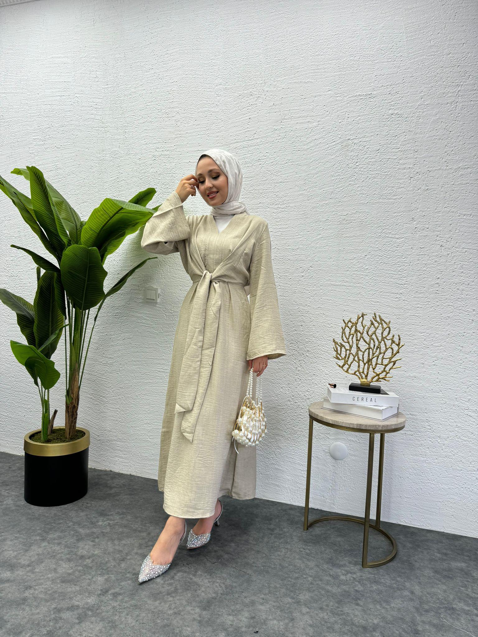 MEYSADESIGN ELBİSELER Bağlamalı Keten Elbise Taş