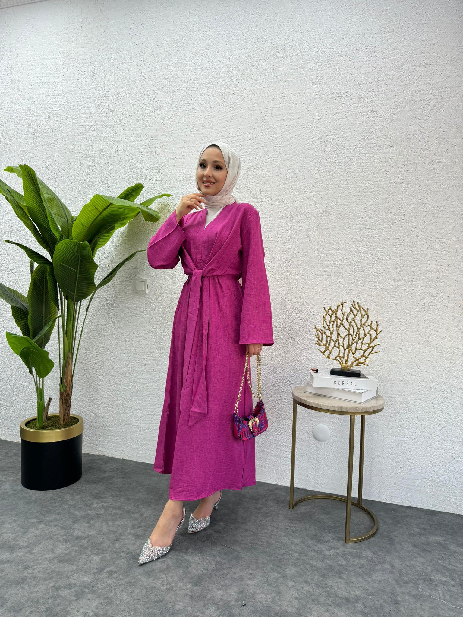 MEYSADESIGN ELBİSELER Bağlamalı Keten Elbise Fuşya