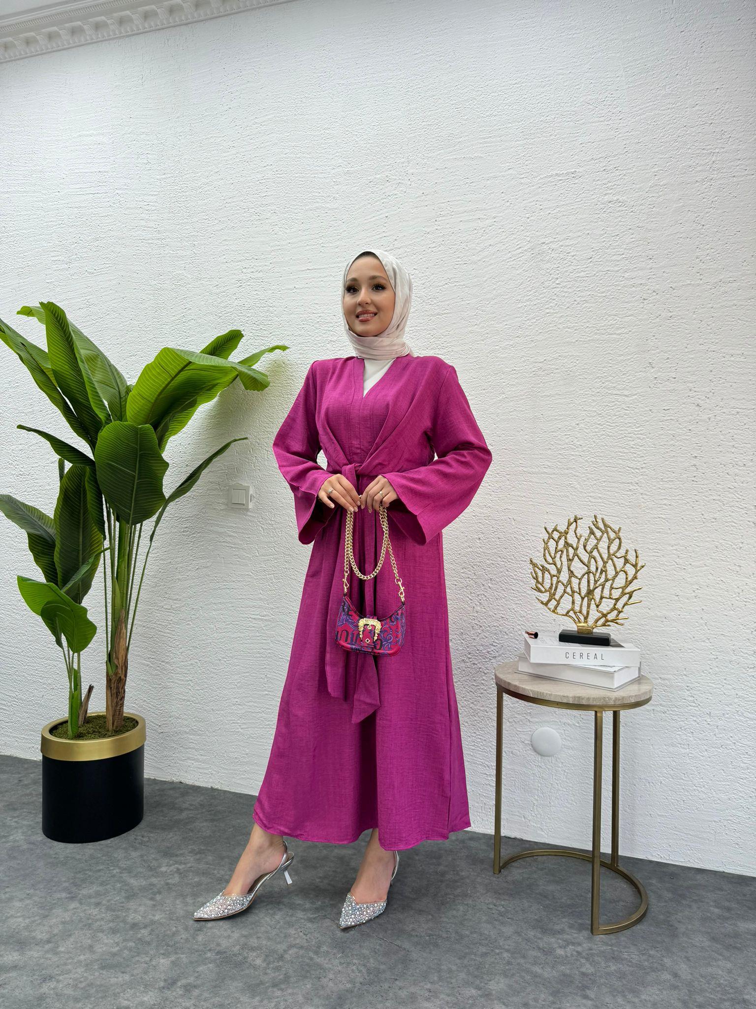 MEYSADESIGN ELBİSELER Bağlamalı Keten Elbise Fuşya
