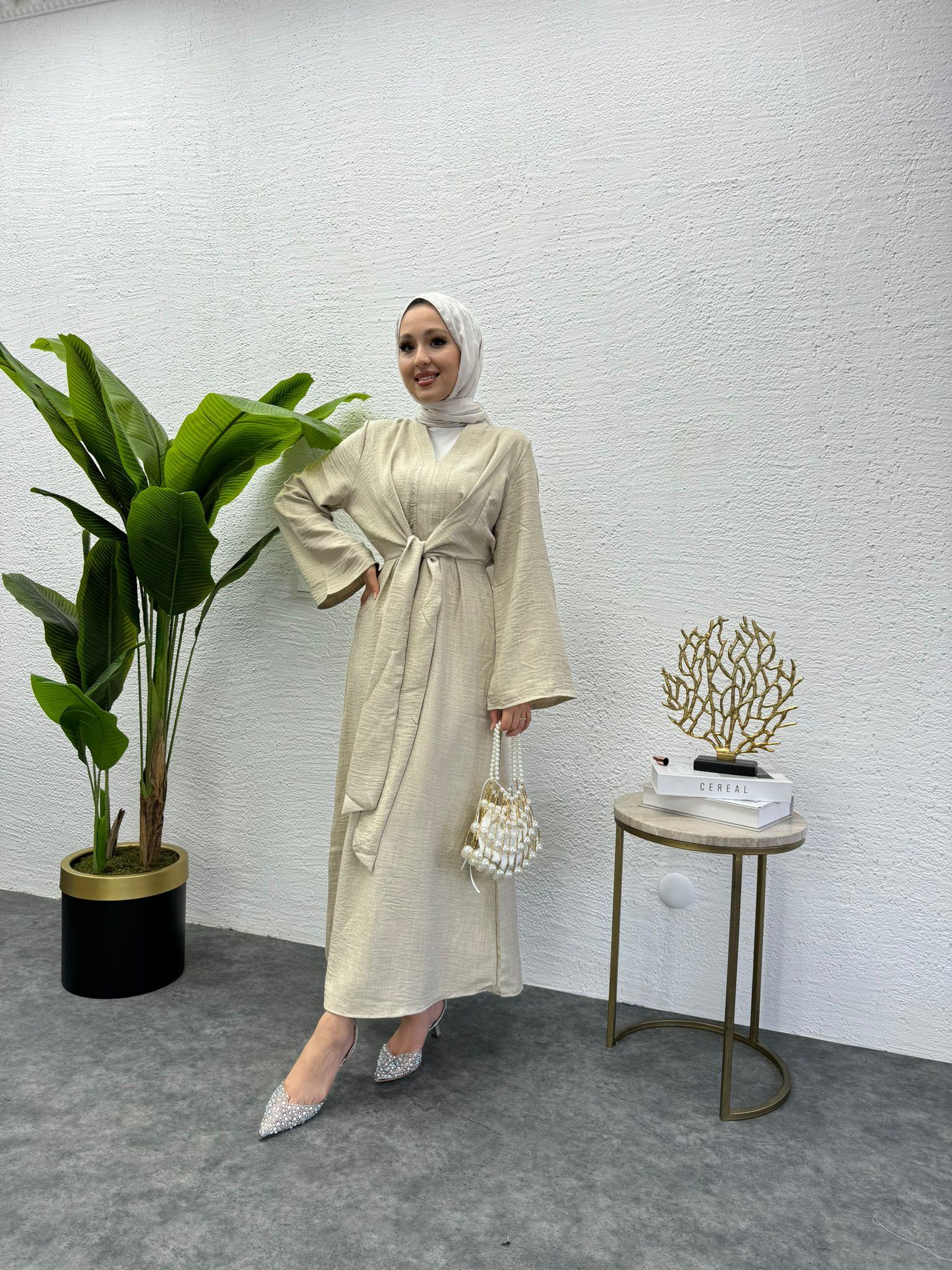 MEYSADESIGN ELBİSELER Bağlamalı Keten Elbise Taş