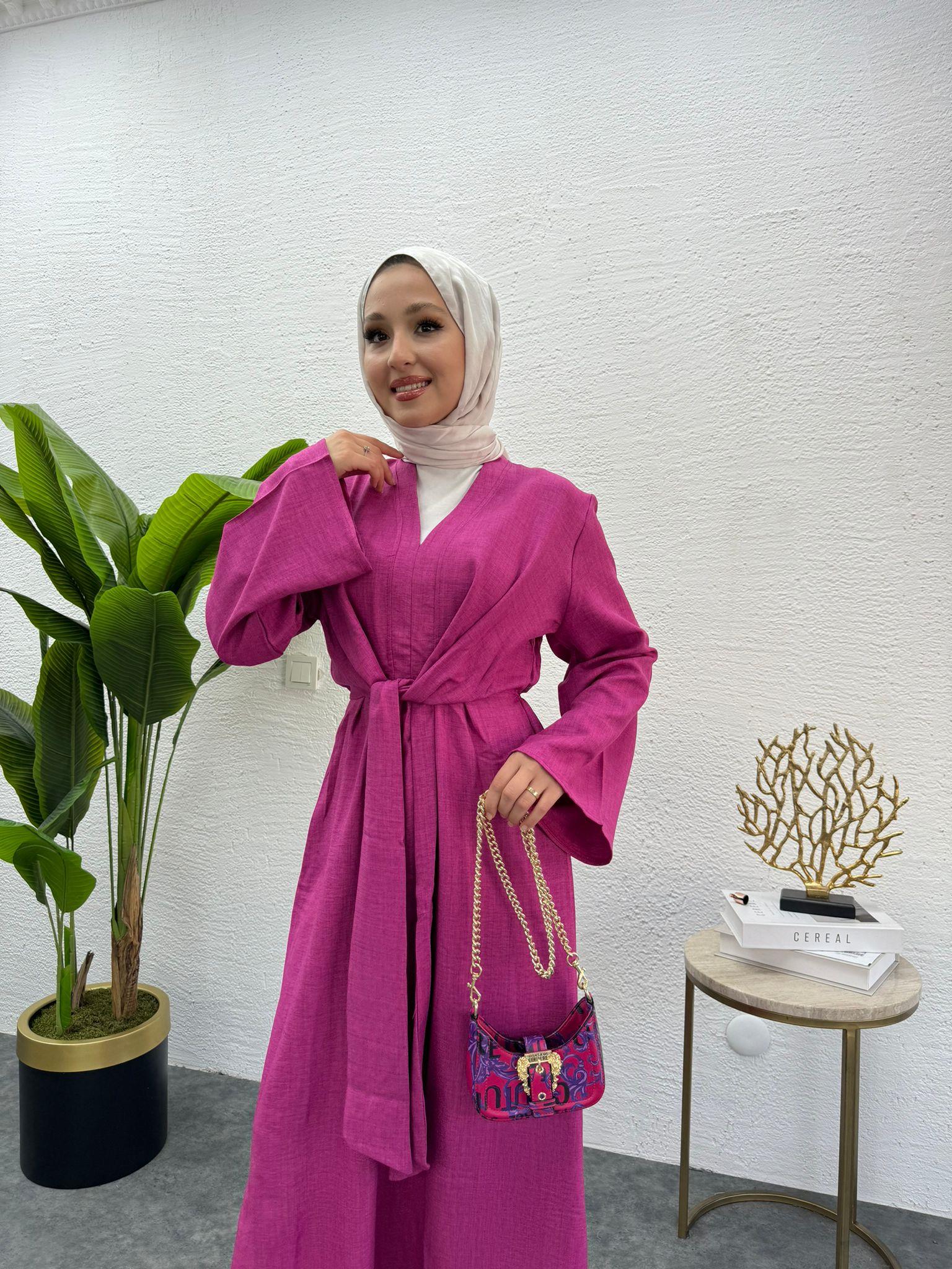 MEYSADESIGN ELBİSELER Bağlamalı Keten Elbise Fuşya