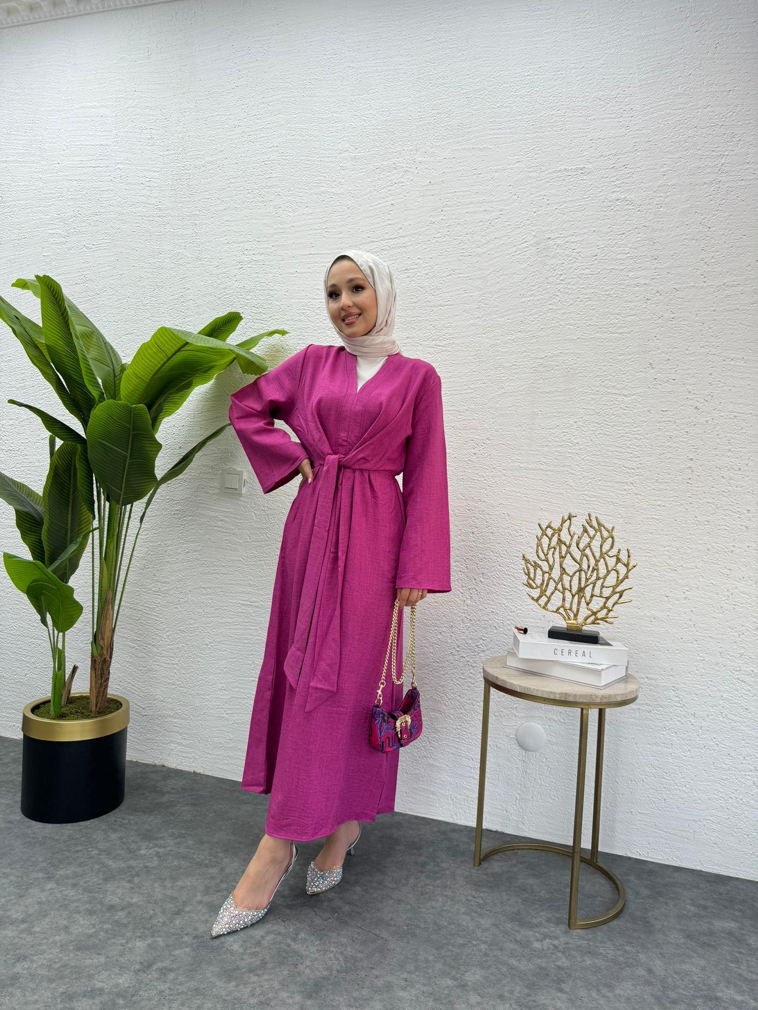 MEYSADESIGN ELBİSELER Bağlamalı Keten Elbise Fuşya