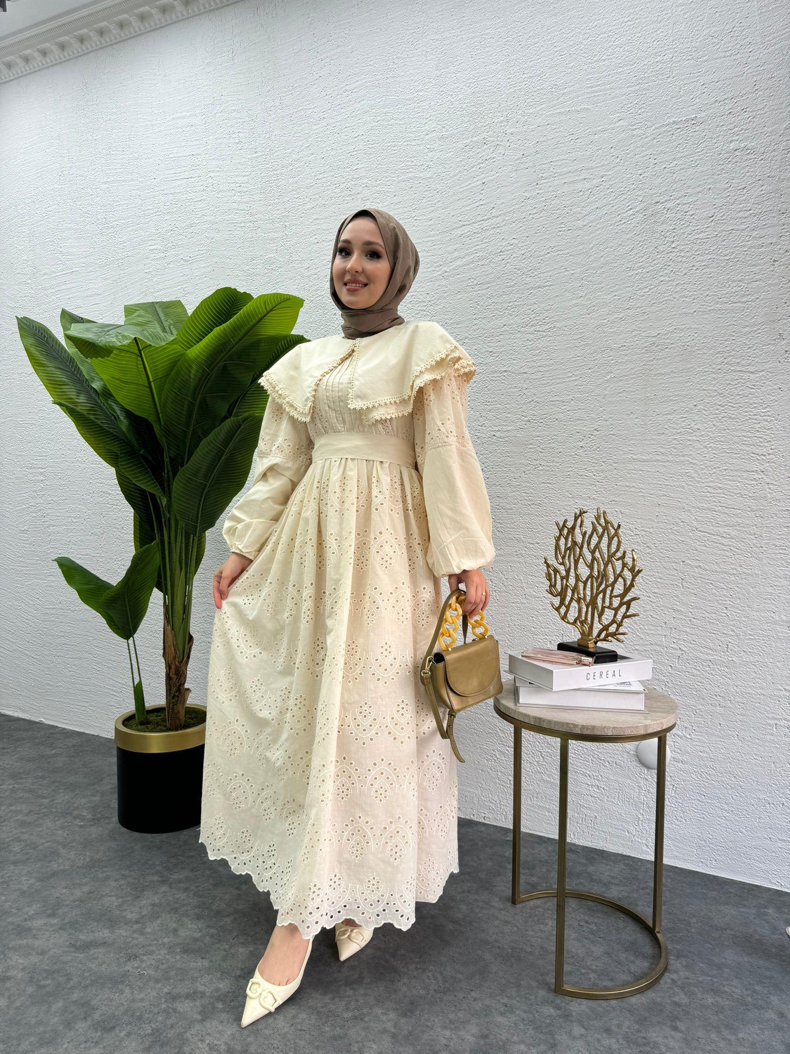 MEYSADESIGN ELBİSELER Bebe yaka Fisto elbise Krem