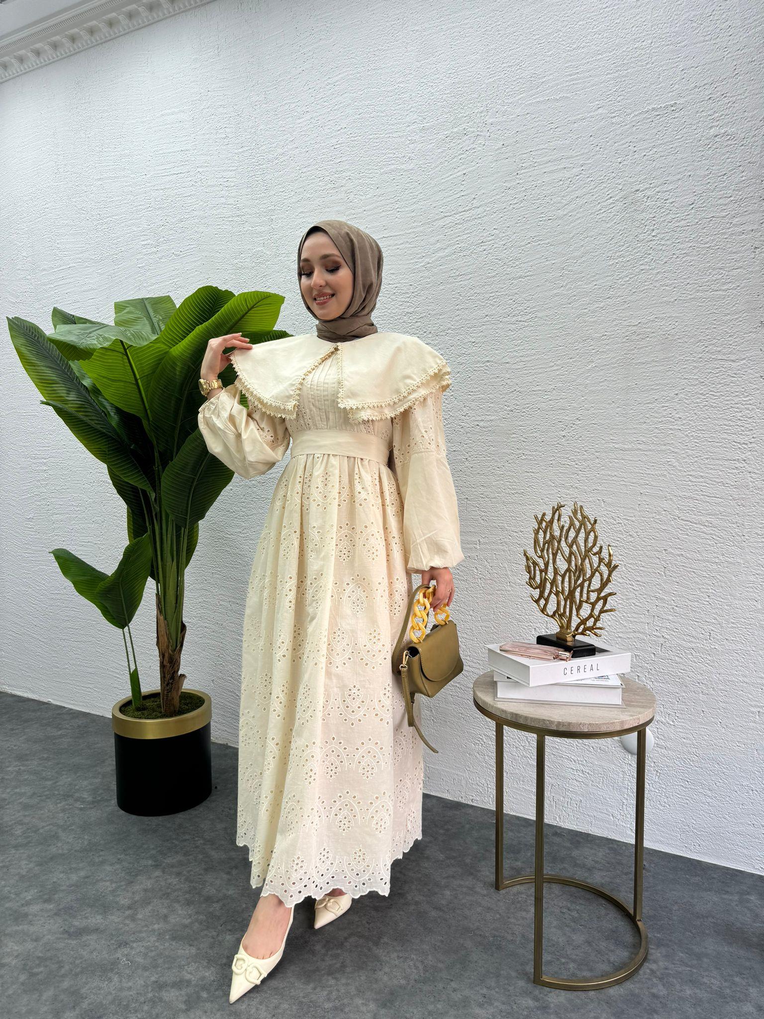 MEYSADESIGN ELBİSELER Bebe yaka Fisto elbise Krem