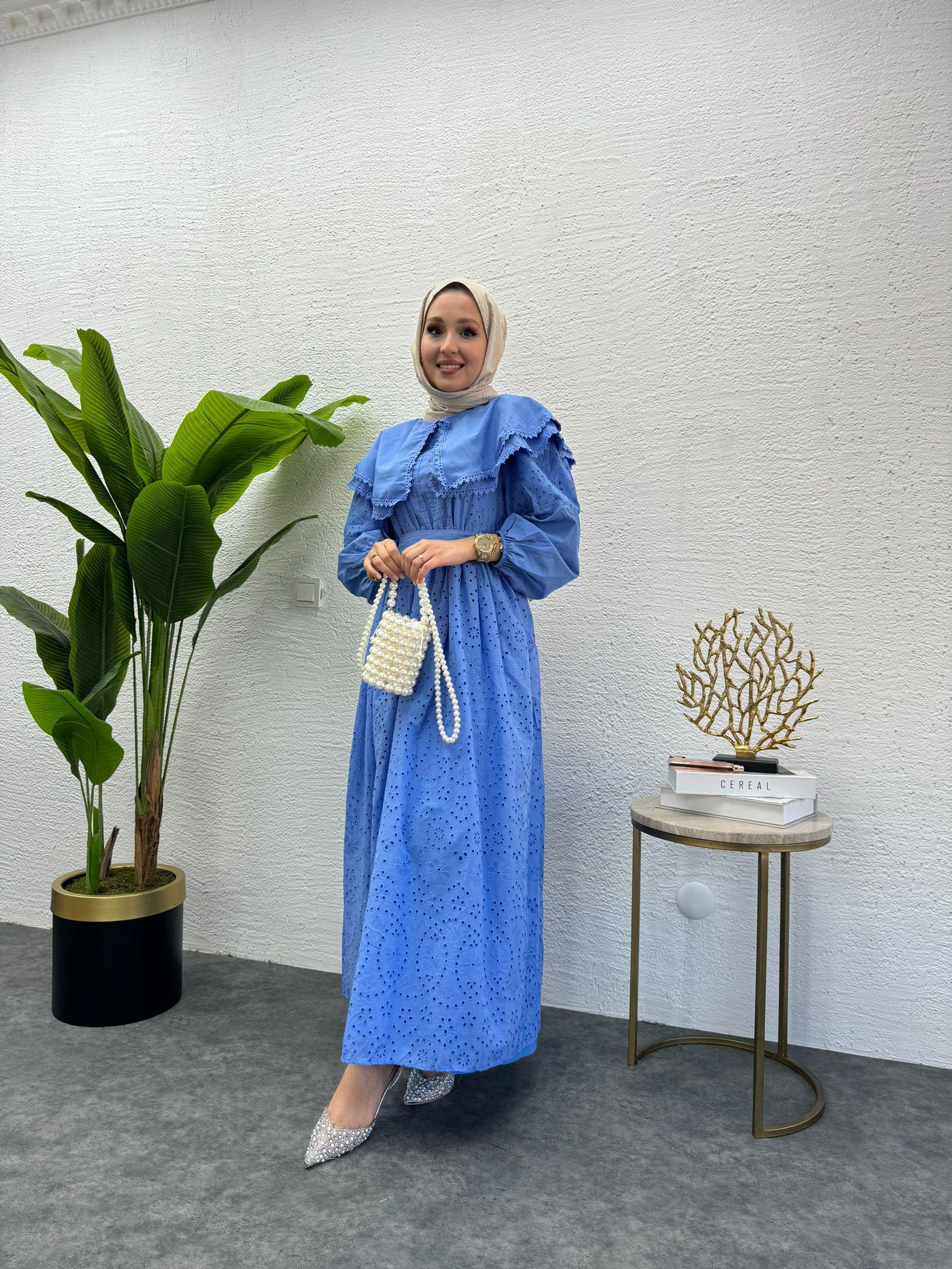 MEYSADESIGN ELBİSELER Bebe yaka Fisto Elbise Mavi