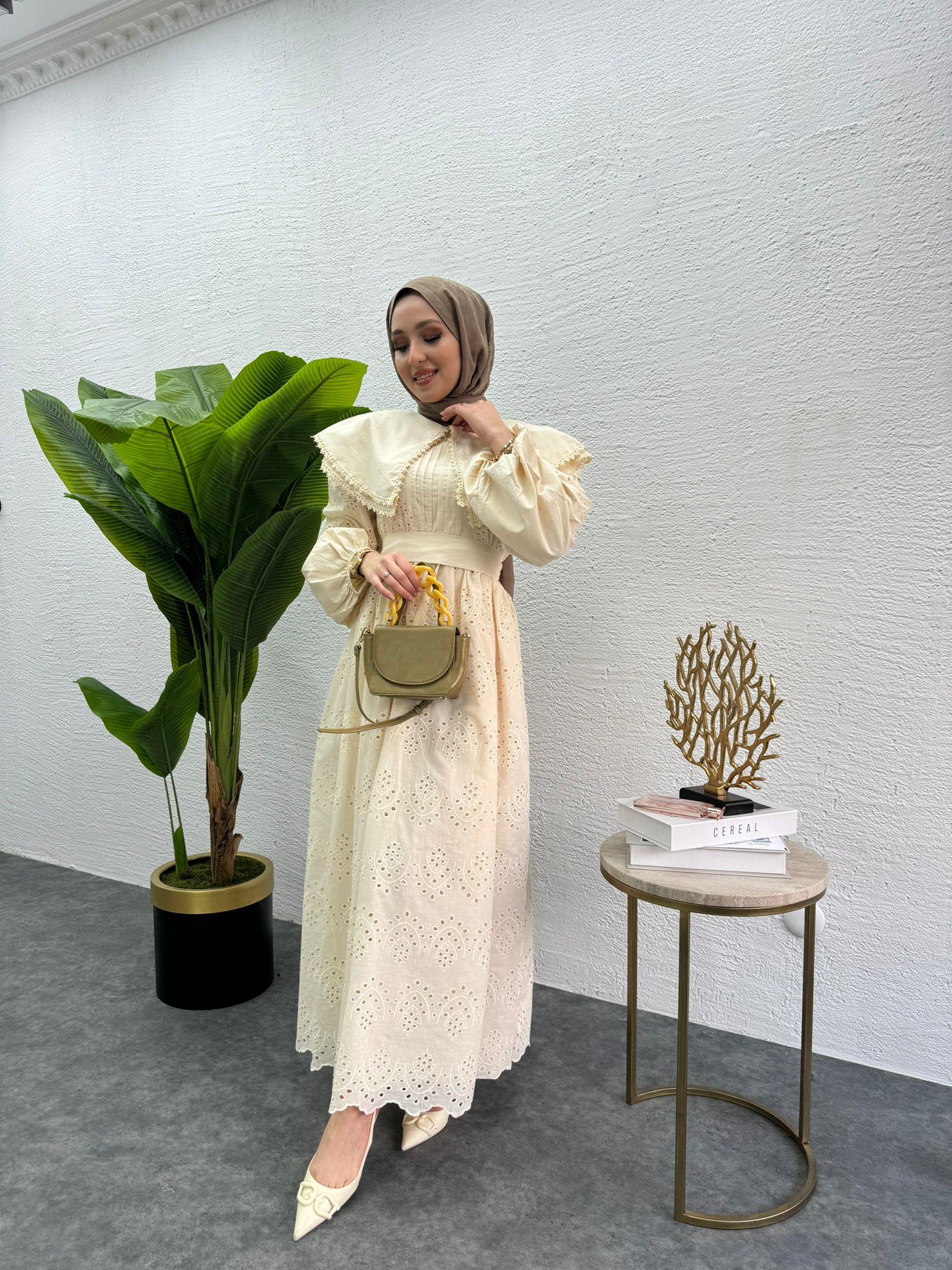MEYSADESIGN ELBİSELER Bebe yaka Fisto elbise Krem