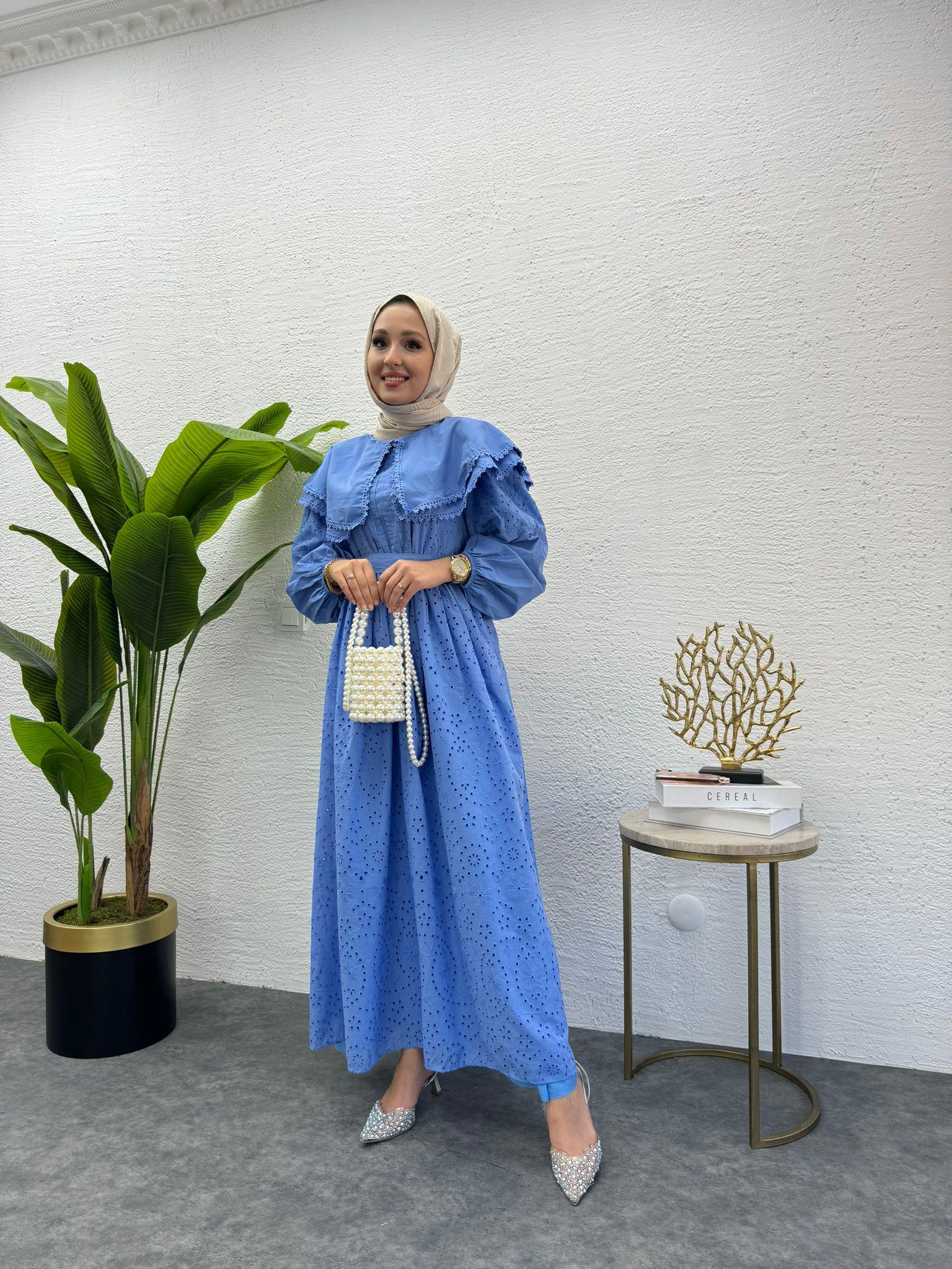 MEYSADESIGN ELBİSELER Bebe yaka Fisto Elbise Mavi