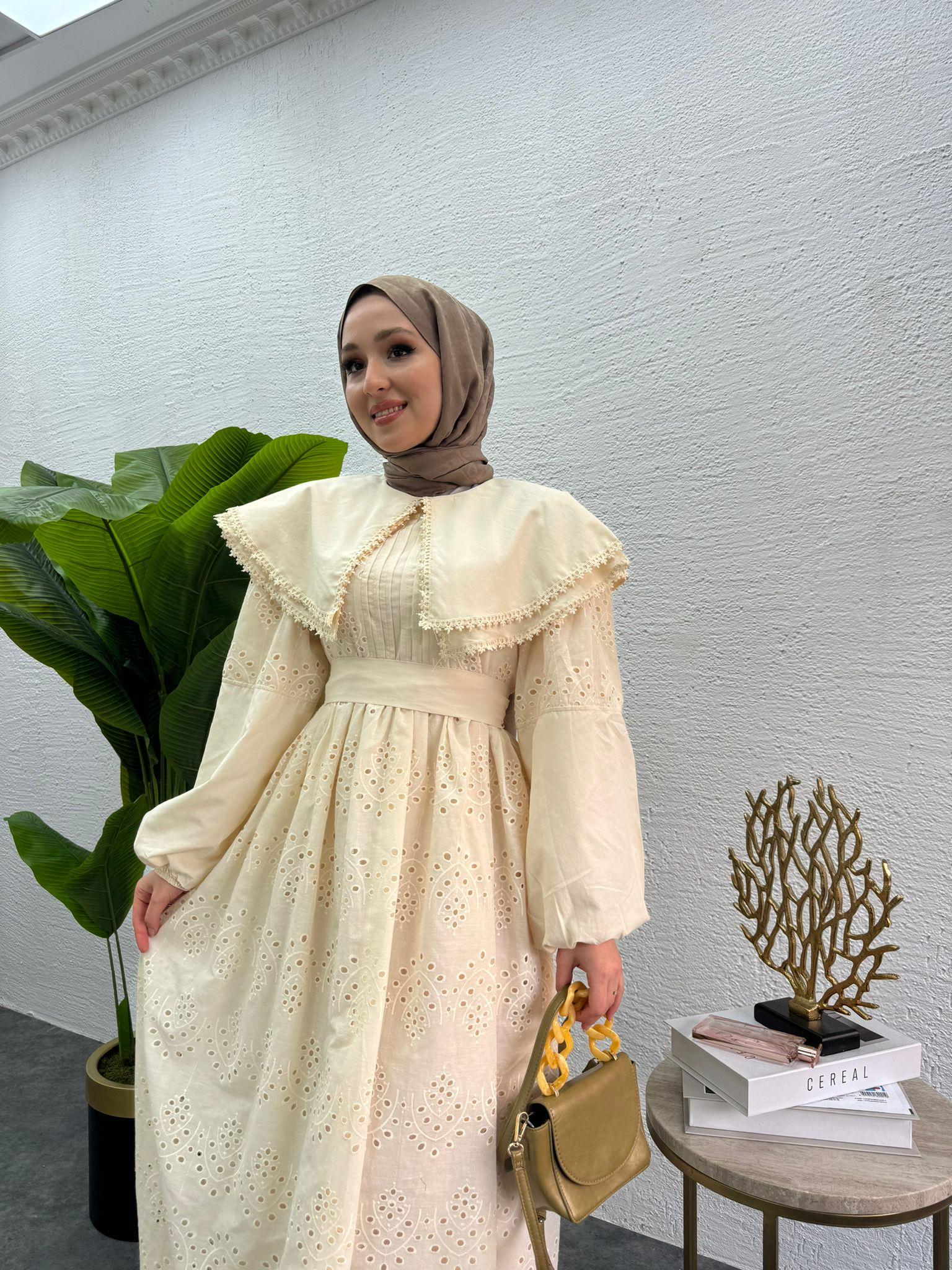 MEYSADESIGN ELBİSELER Bebe yaka Fisto elbise Krem